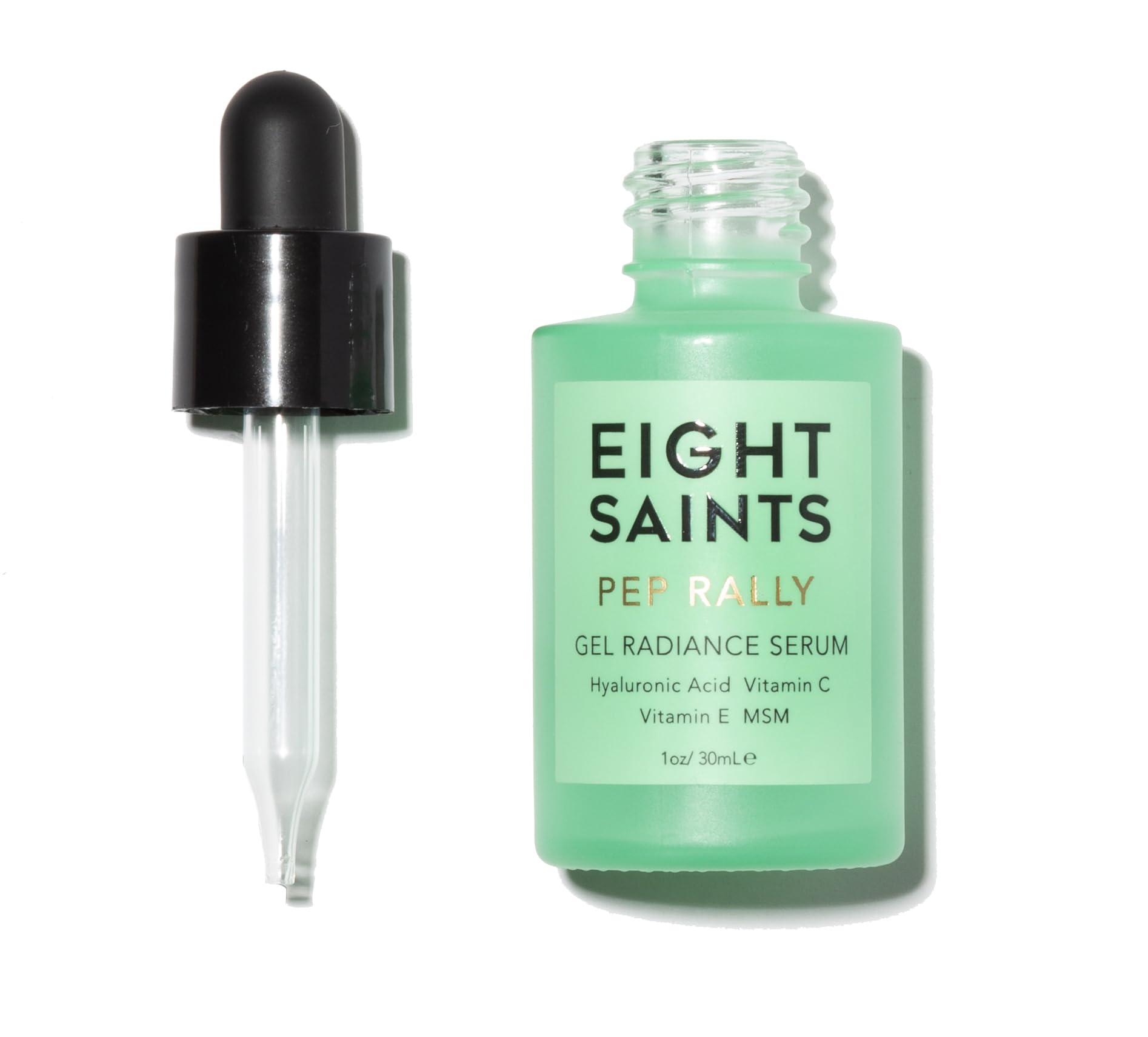 Eight Saints serum hialurónico en frasco, hidratación diaria para la piel.