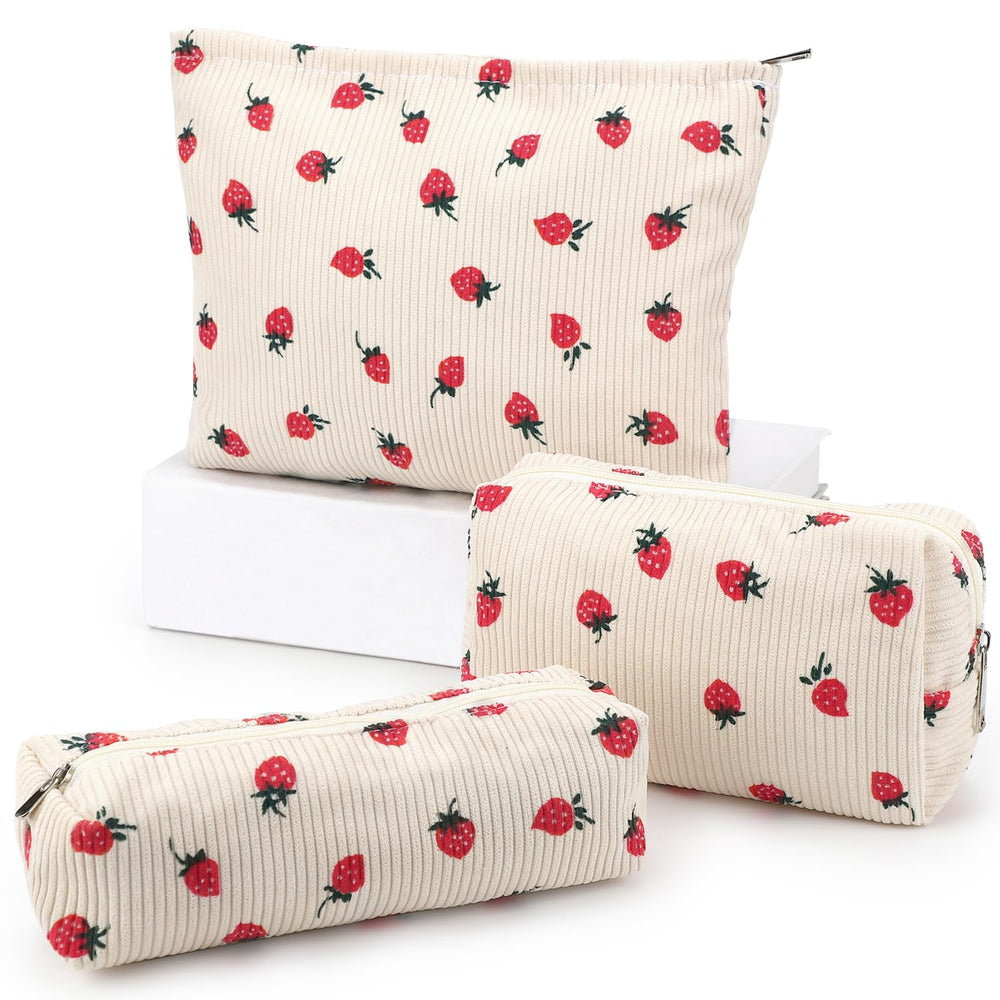 Bolsa EIMMBD de maquillaje grande beige con diseño de fresa para organización diaria.