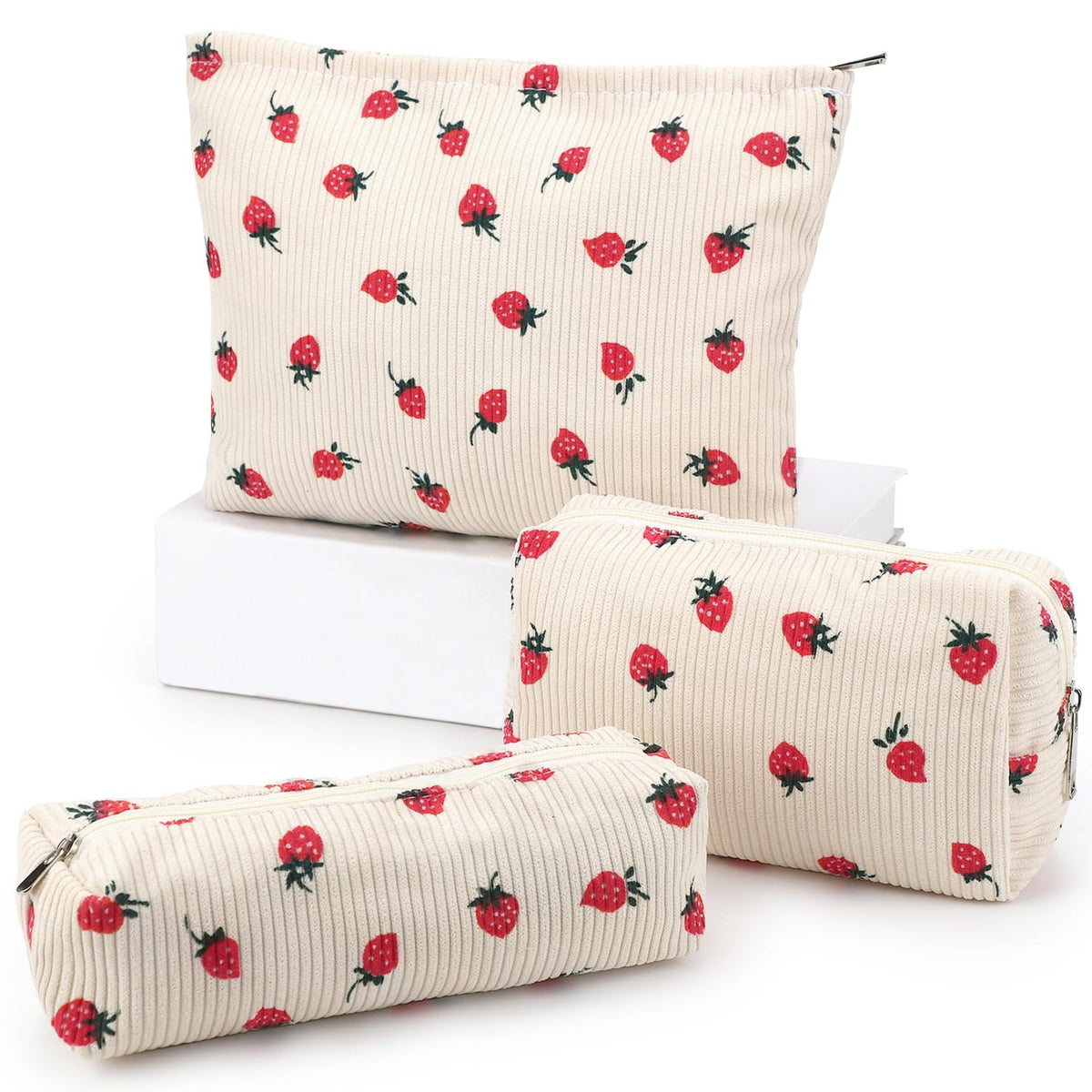 Bolsa EIMMBD de maquillaje grande beige con diseño de fresa para organización diaria.