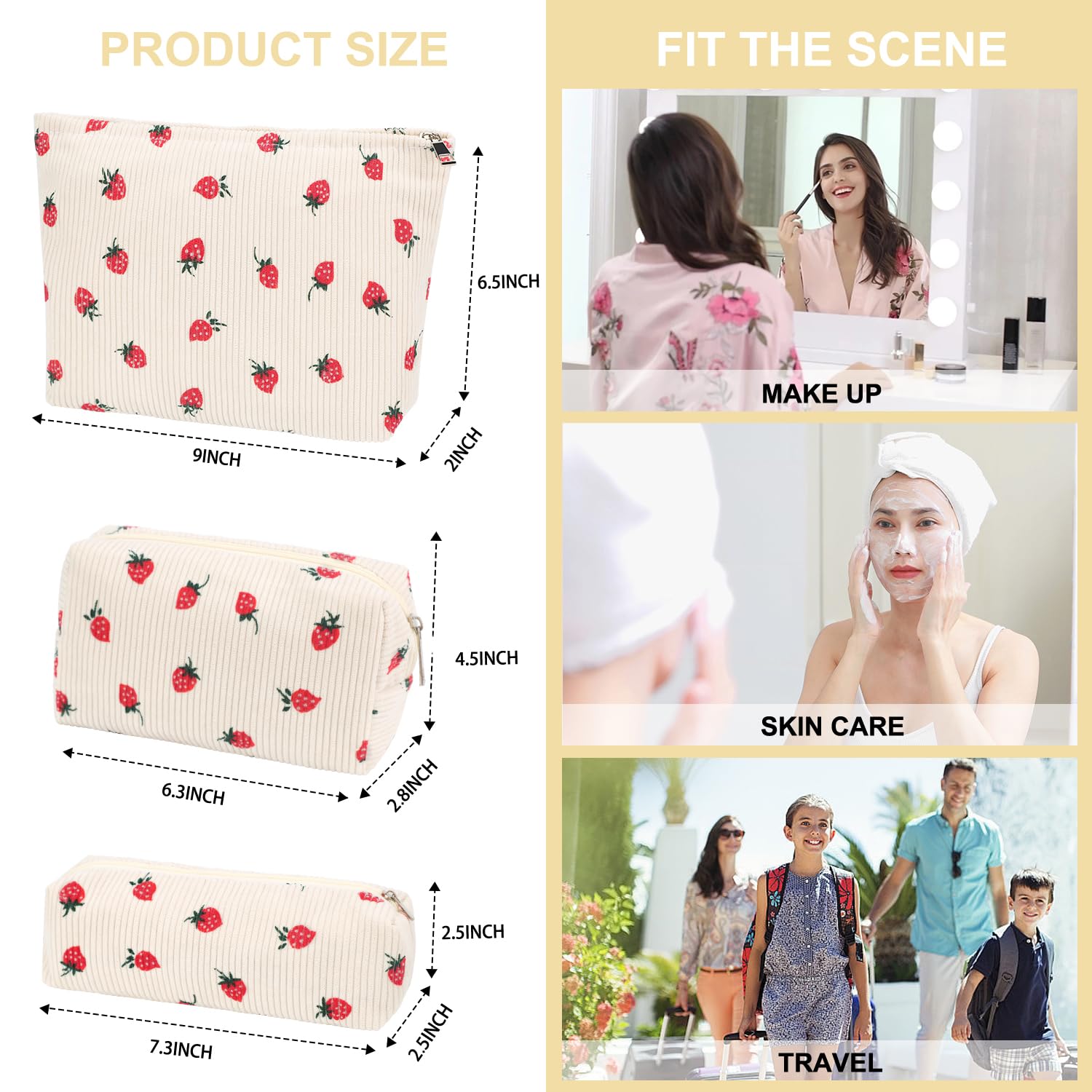 Diseño estampado fresa EIMMBD para bolsa de maquillaje, añade estilo y organización.