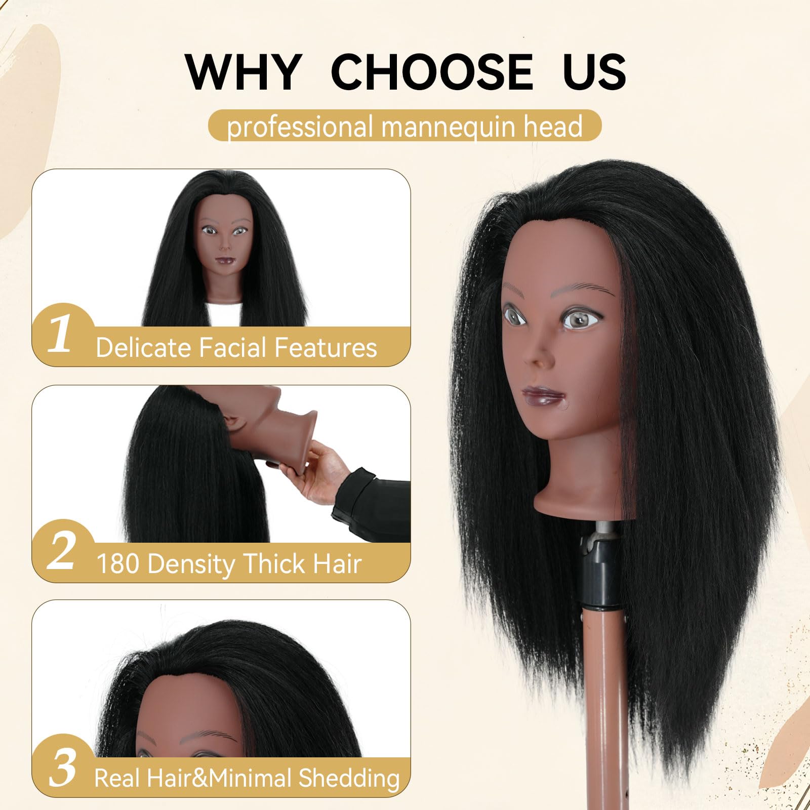 Maniquín Eiohlnd con cabello humano para trenzas y estilos variados.