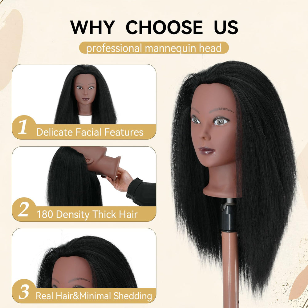 Maniquín Eiohlnd con cabello humano para trenzas y estilos variados.