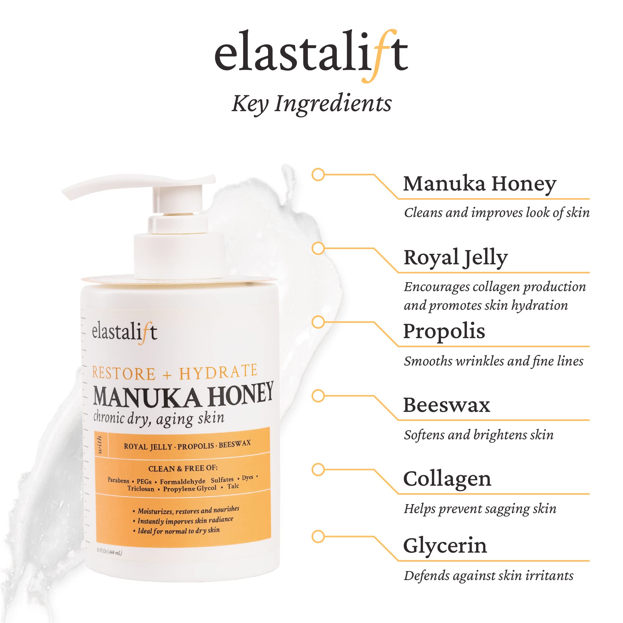 Textura cremosa de Elastalift Manuka Honey para aplicación suave.