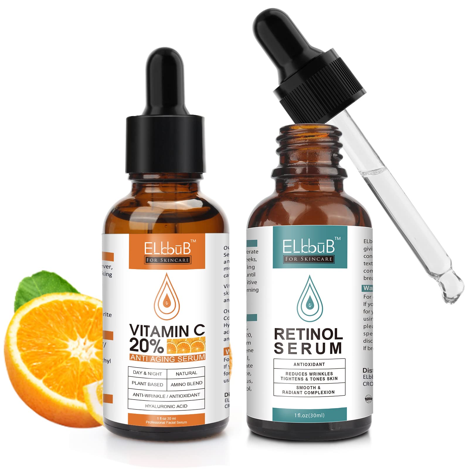 ELBBUB Suero Vitamina C Retinol, botella: iluminación natural y uso diario.