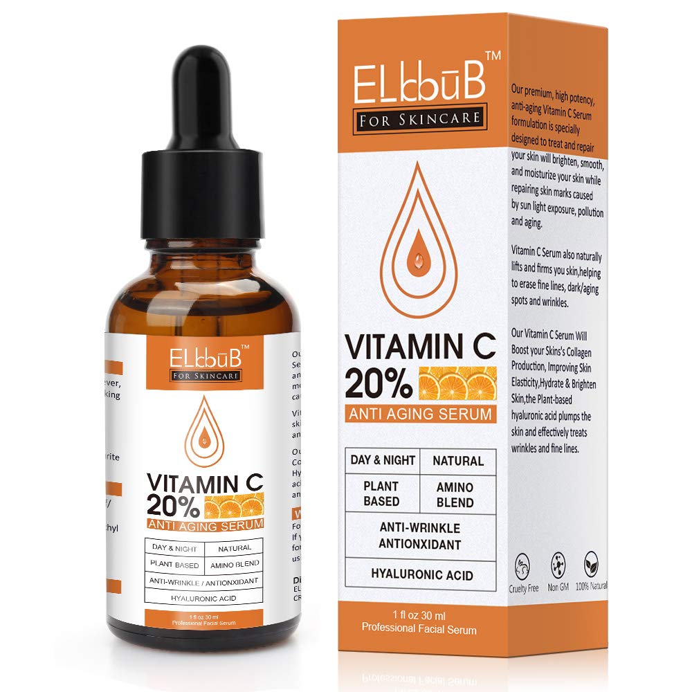 ELBBUB Suero Vitamina C 20% con ácido hialurónico para hidratación profunda.