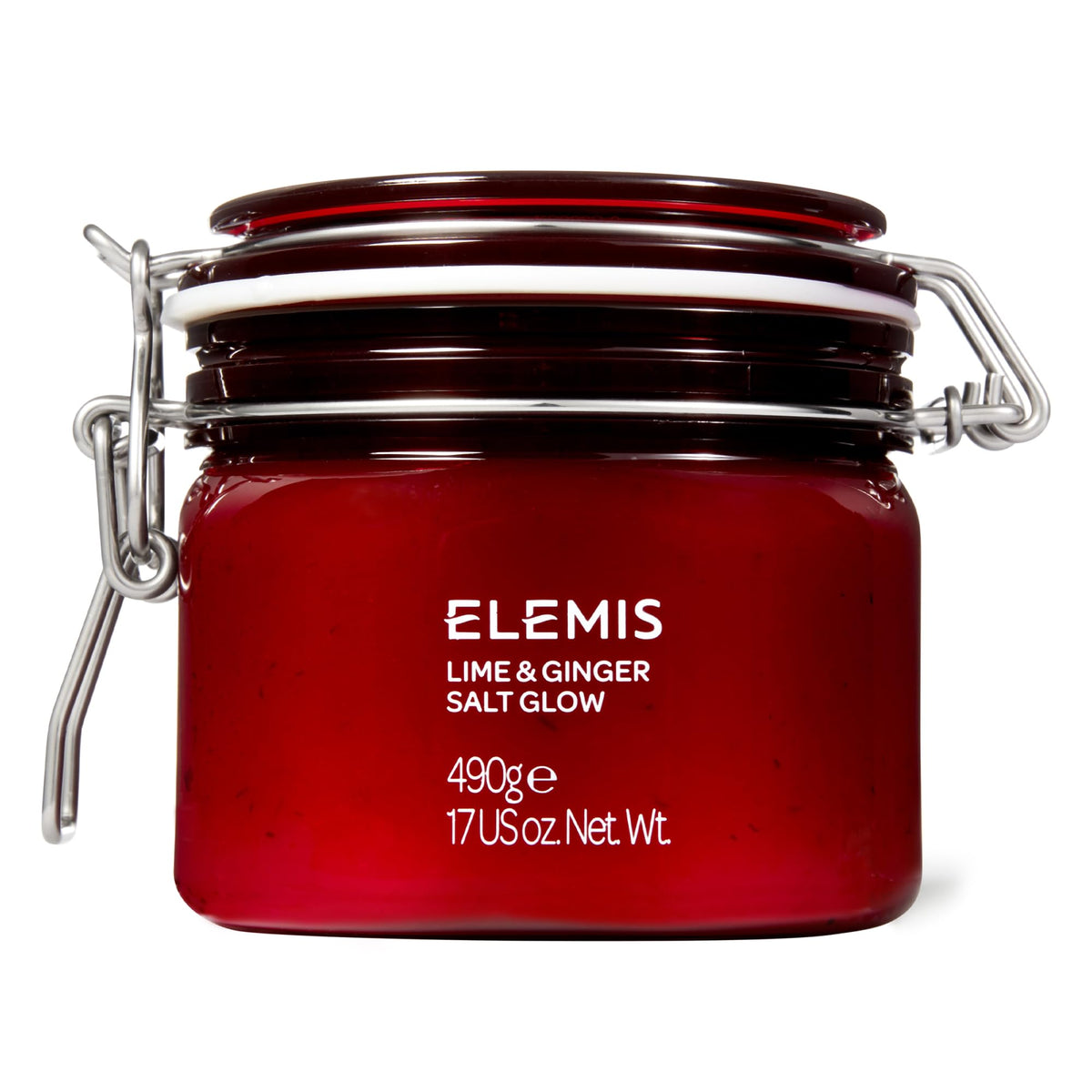 ELEMIS exfoliante de sal con lima y jengibre, foco en el bote, exfolia suavemente