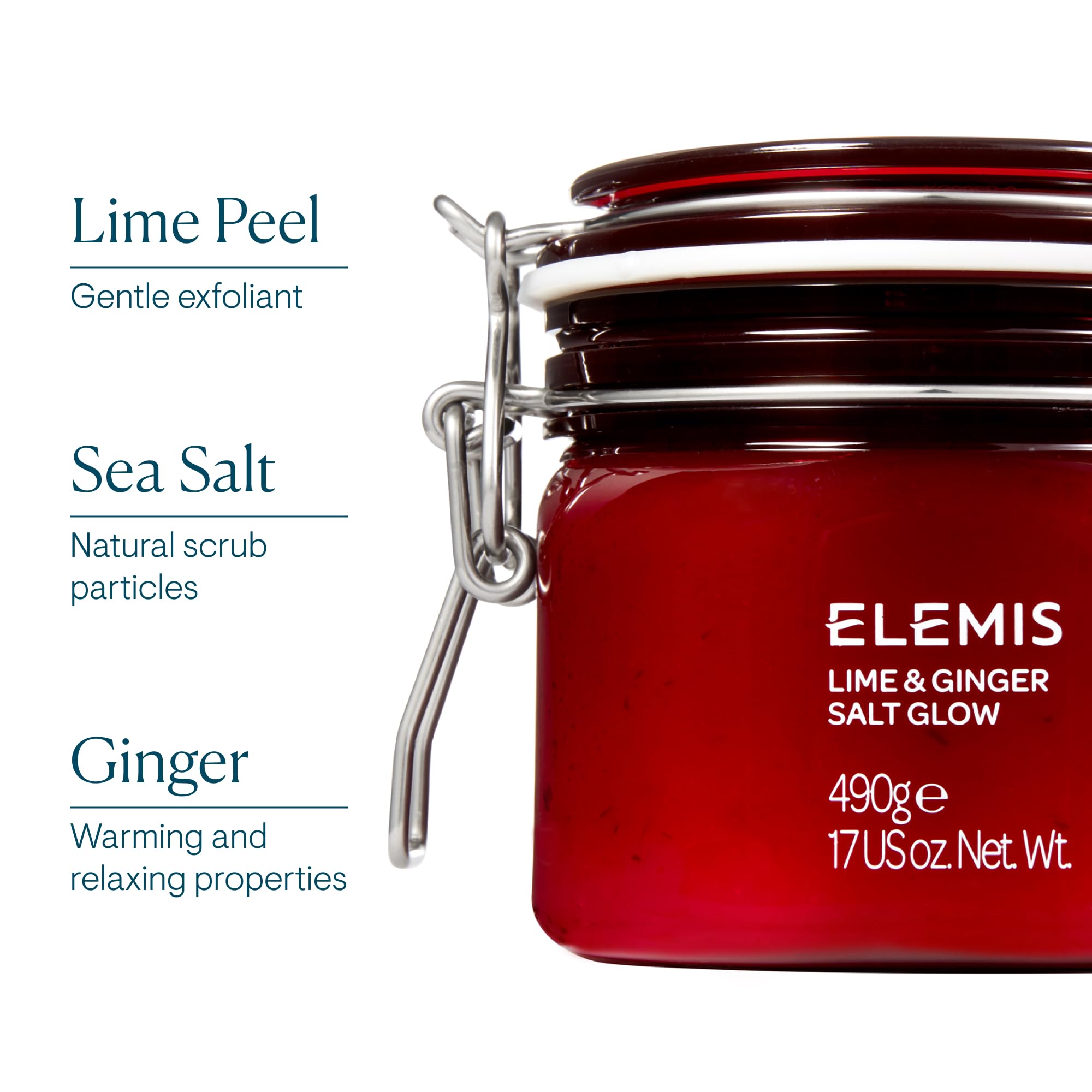 ELEMIS exfoliante de sal con lima y jengibre, detalle de flor frangipani