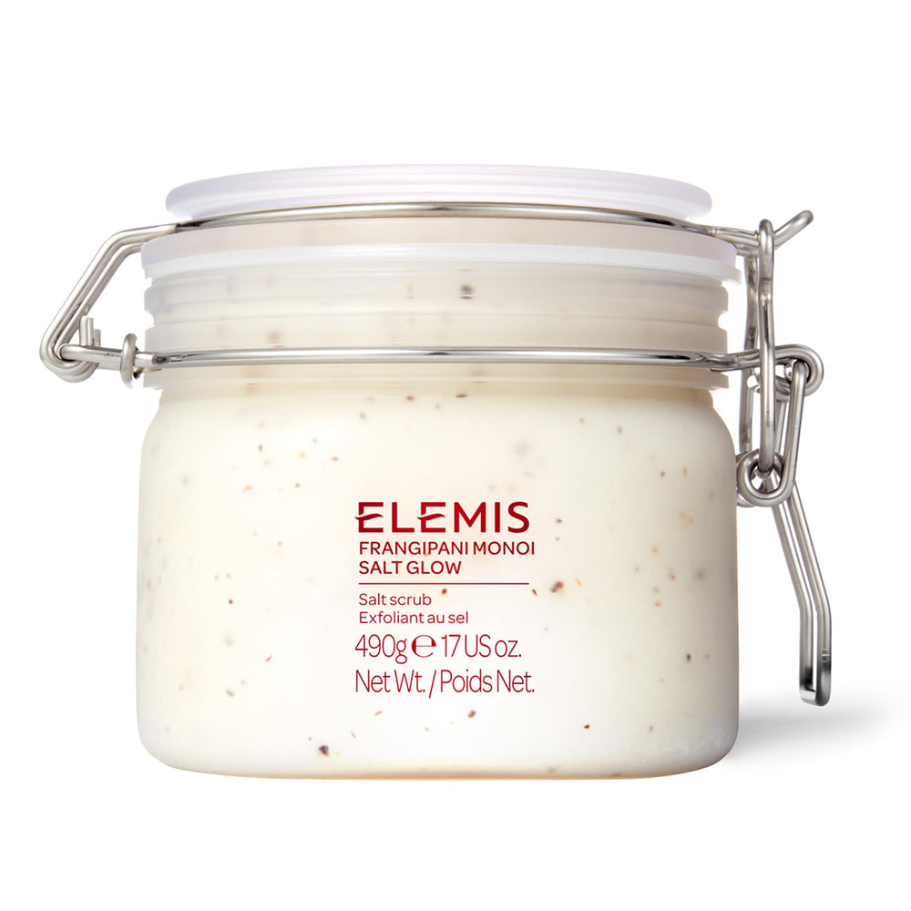 ELEMIS Frangipani Monoi Salt Glow – Bouteille élégante et parfum tropical pour exfolier en douceur.