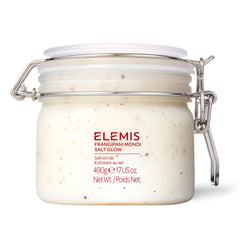 ELEMIS Frangipani Monoi Salt Glow – Bouteille élégante et parfum tropical pour exfolier en douceur.