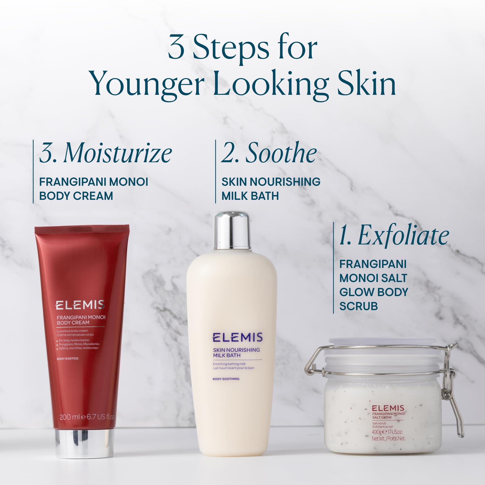 Exfoliation après douche avec Frangipani Monoi Salt Glow pour peau souple.