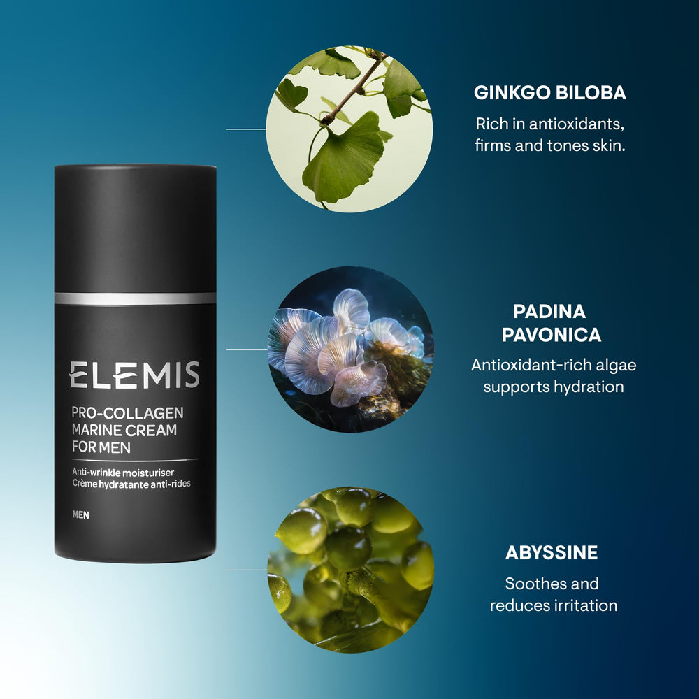 Emballage élégant de la crème marine ELEMIS Pro-Collagen sur le plan de toilette.