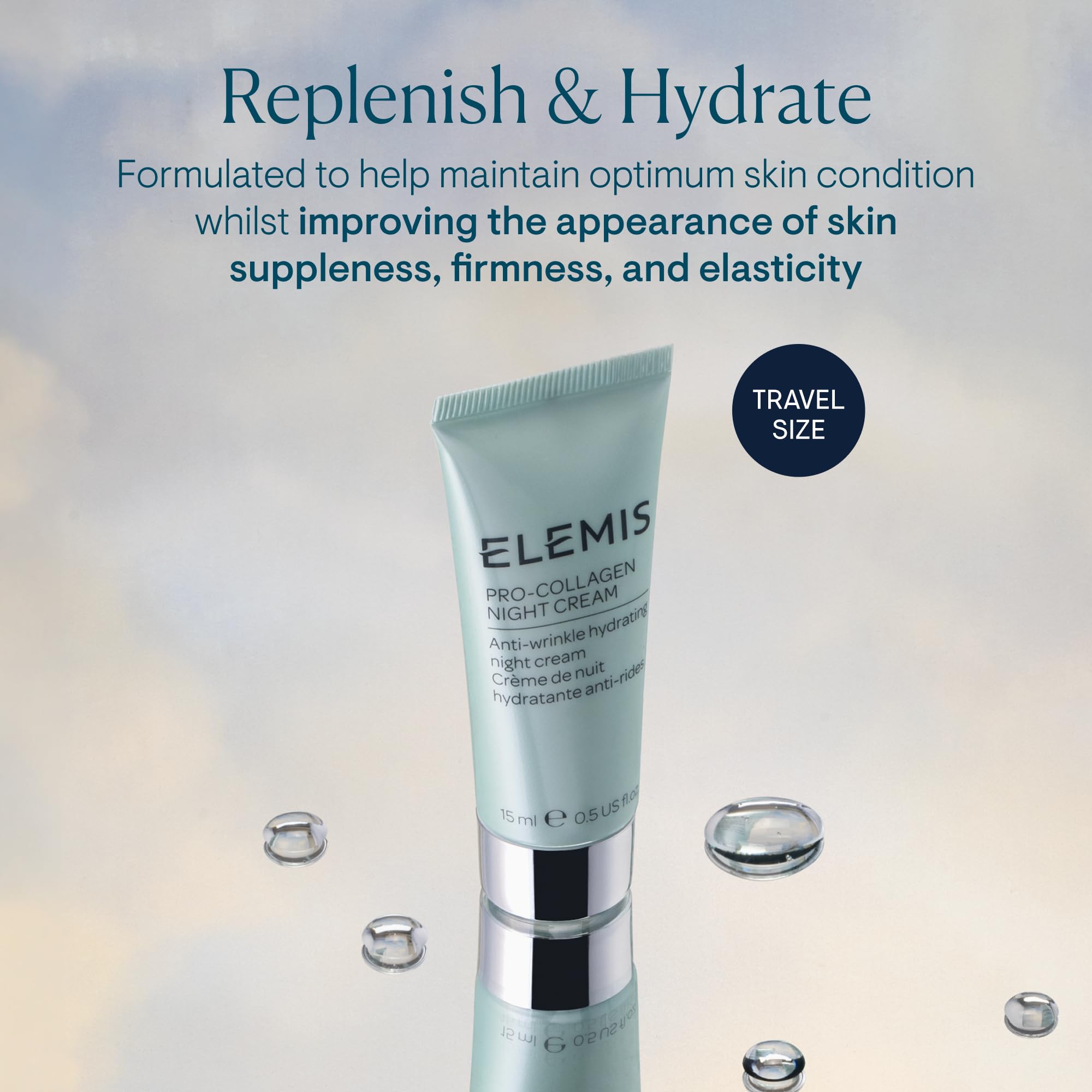Crema de noche ELEMIS, empaque de viaje, ofrece hidratación continua.