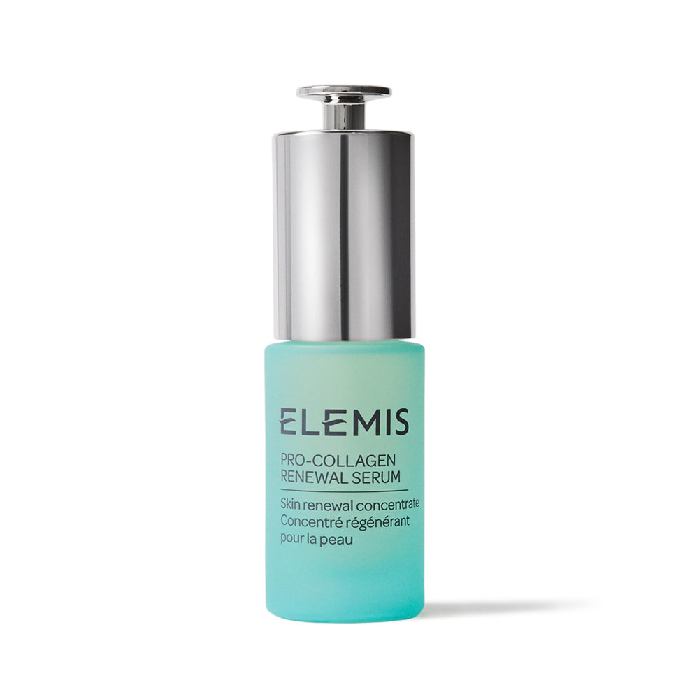 Botella del suero ELEMIS Pro-Collagen Renewal Serum de 15 ml para uso diario.