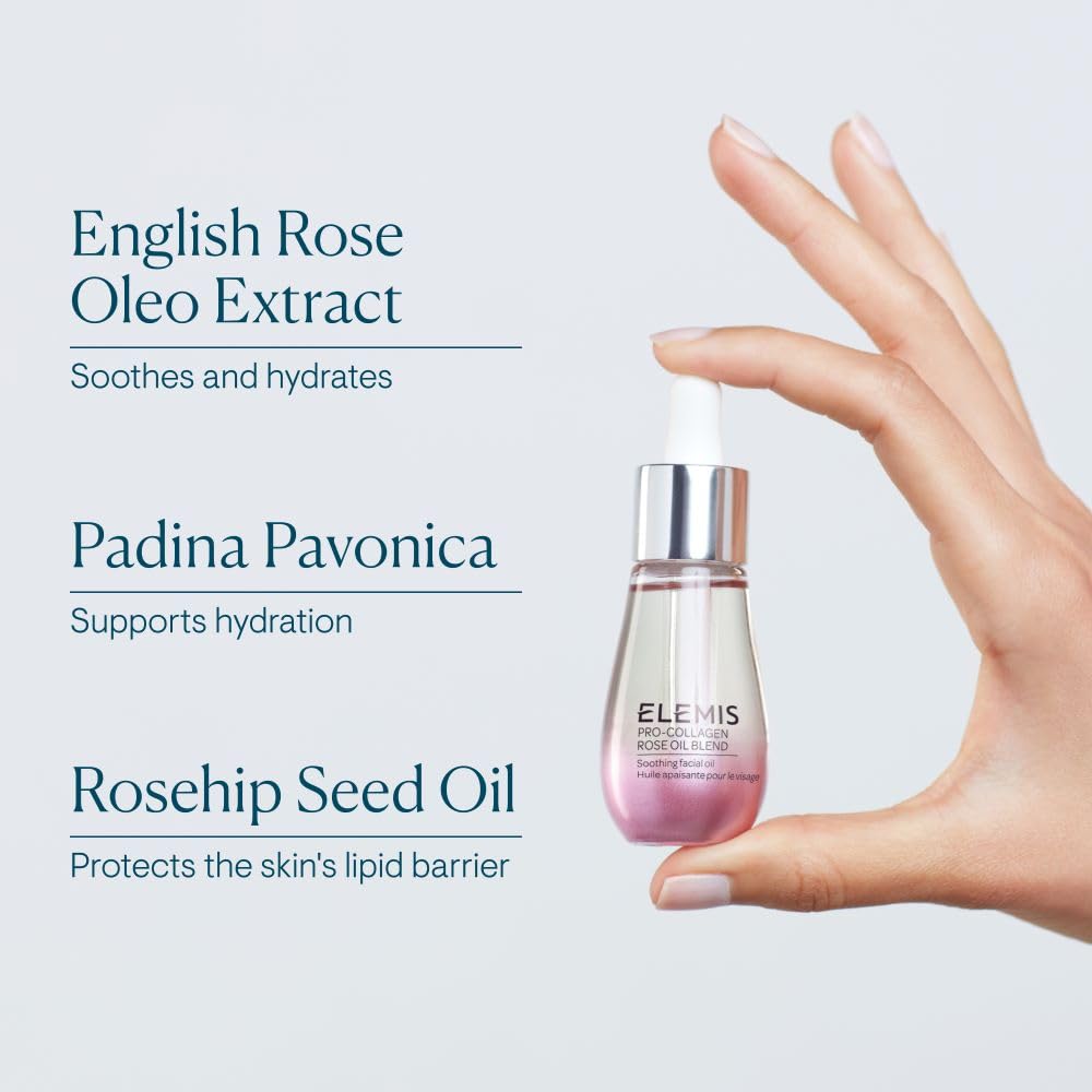 Envase elegante de ELEMIS Pro-Collagen Rose facilita dosis de 3-4 gotas.