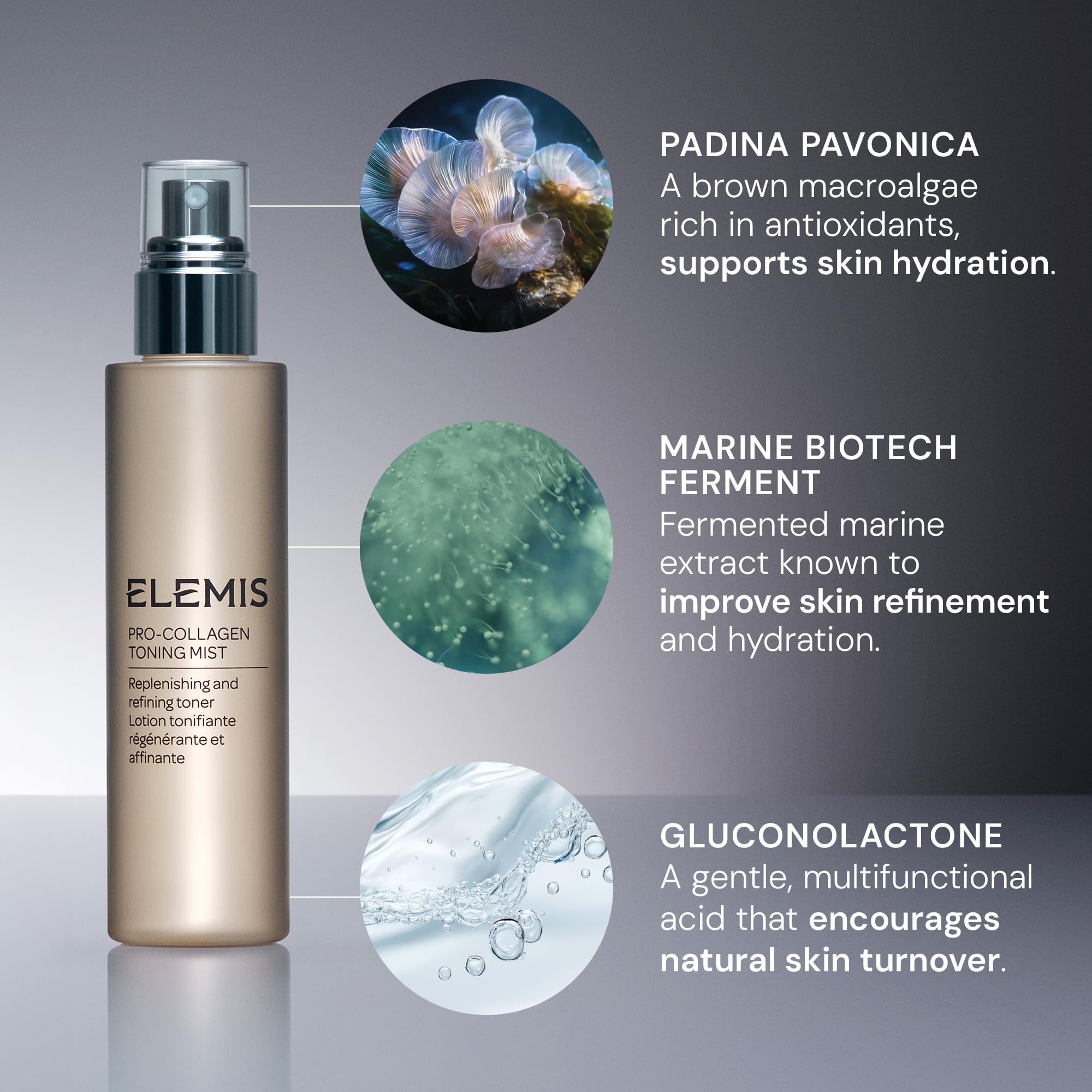 Elemis Pro-Collagen Toning Mist texture glows for smoother-looking skin