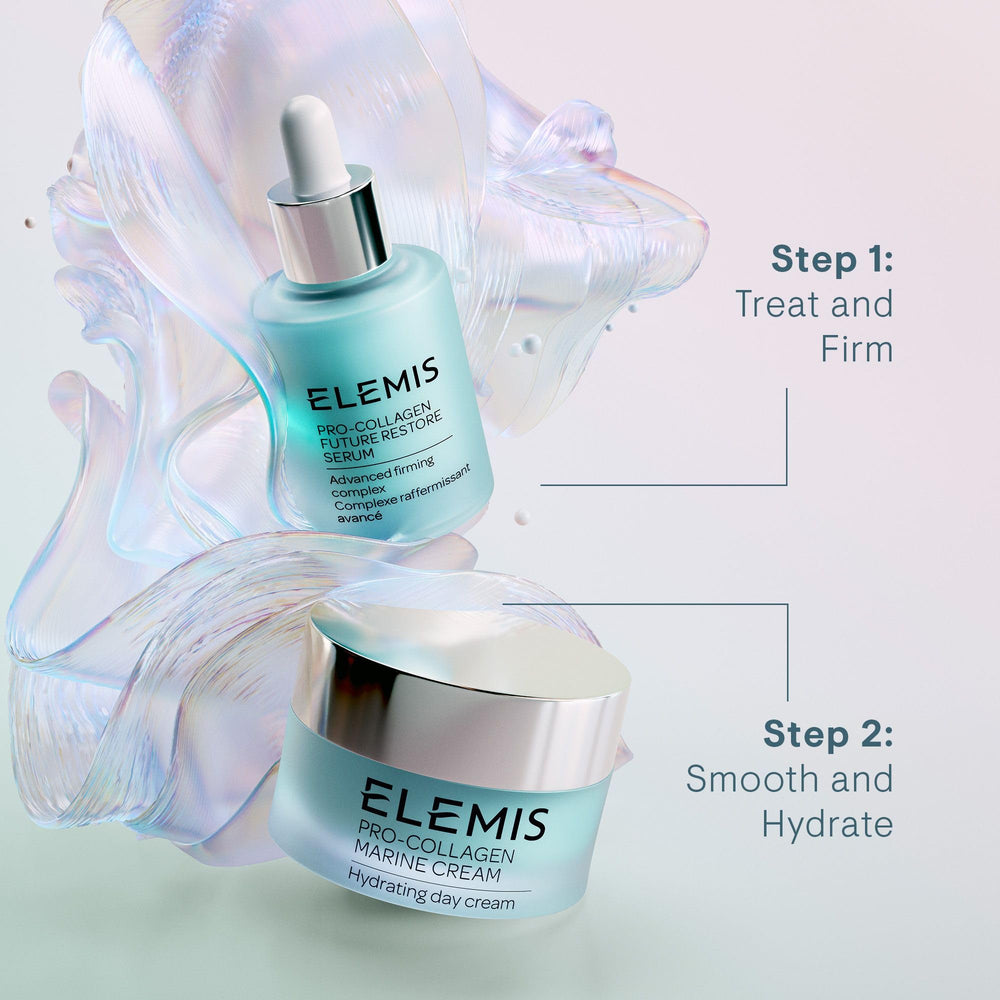ELEMIS Pro-Collagen Future Restore Serum: detalles de ingredientes marinos para el cuidado de la piel y resiliencia.