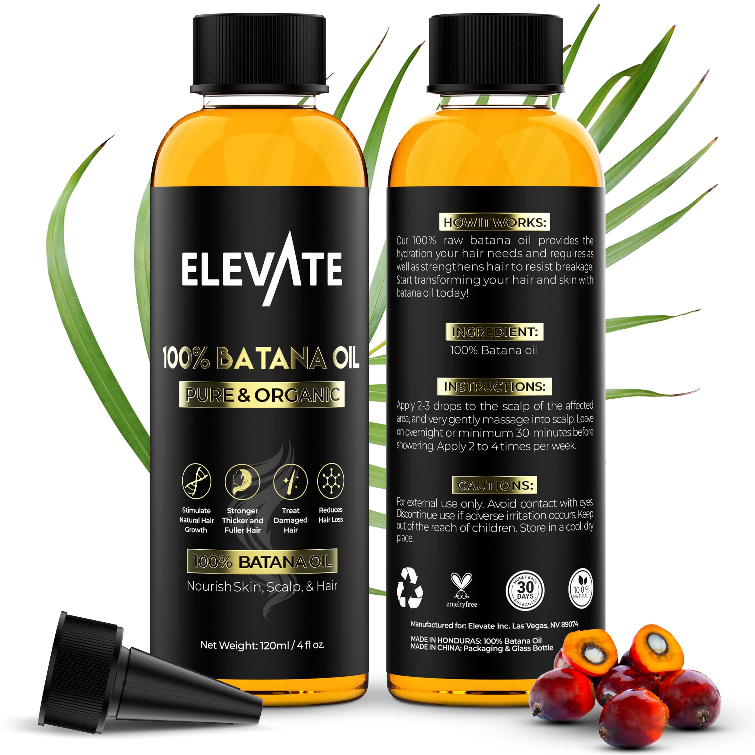 Elevate Aceite de Batana para cabello: botella visible, promueve crecimiento y fortaleza.