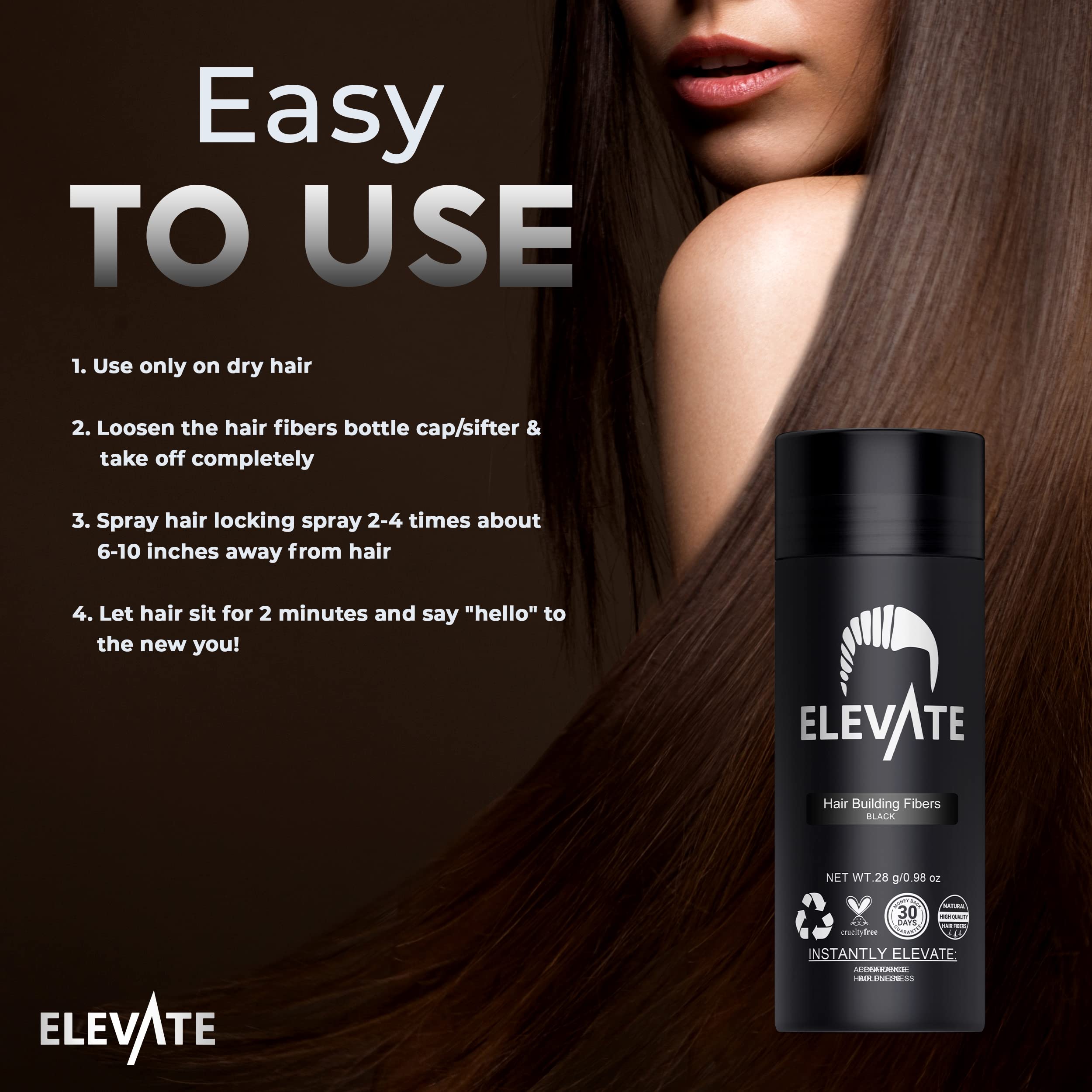 Elevate Fibras Capilares, fácil fijación suave para peinados.