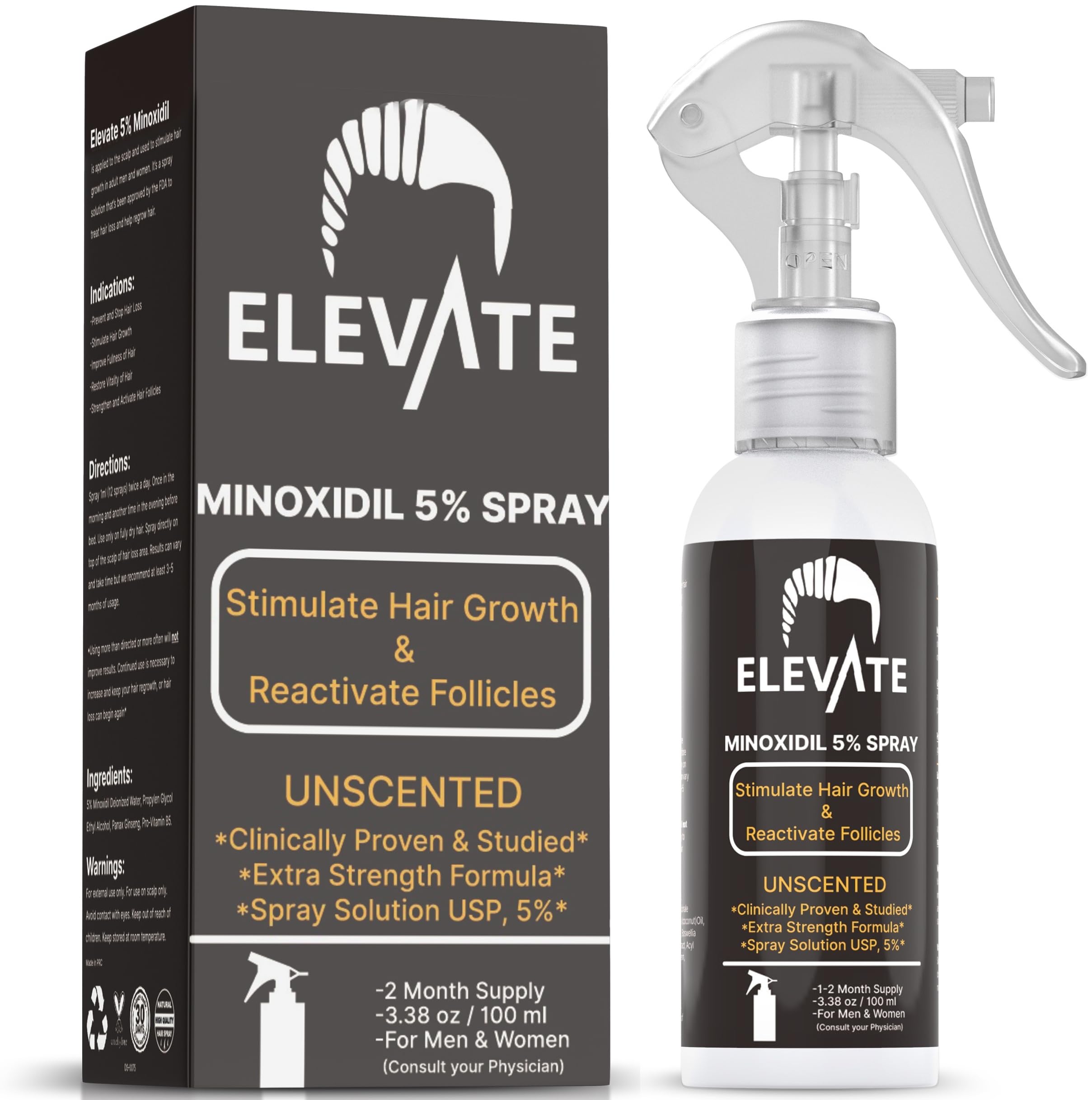 Elevate Minoxidil atomizador botella: aplicación diaria fácil para el cabello.