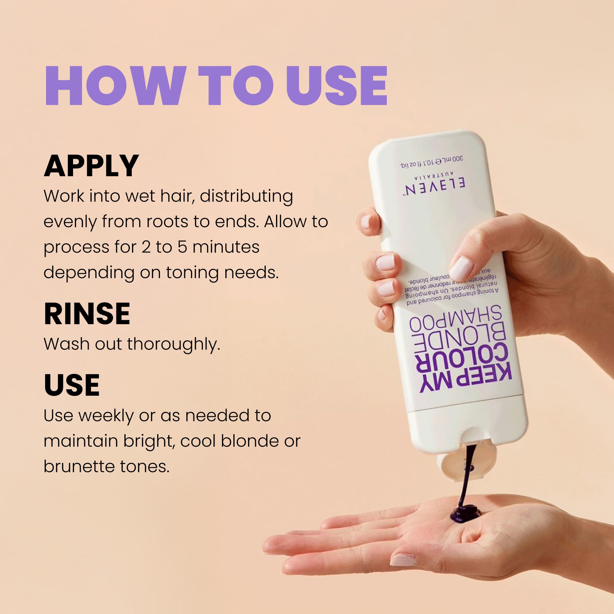 ELEVEN AUSTRALIA Keep My Colour Blonde – application sur cheveux mouillés pour neutraliser le jaunissement.