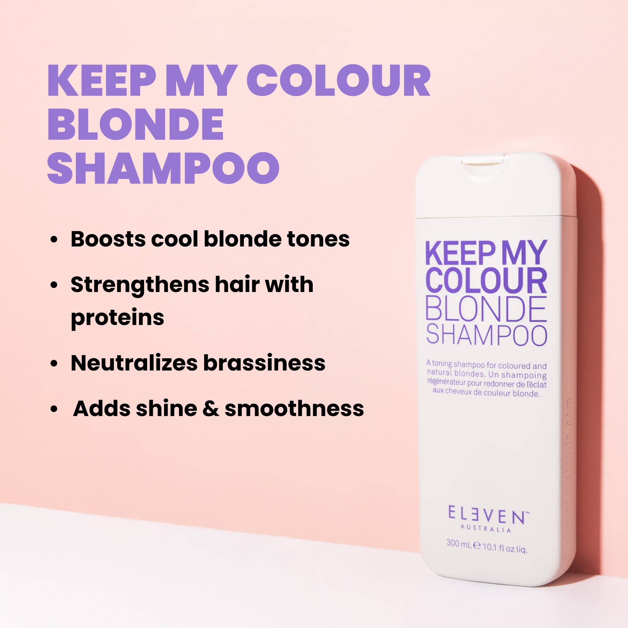 ELEVEN AUSTRALIA Keep My Colour Blonde – étiquette bleue sur le flacon pour cheveux blonds.