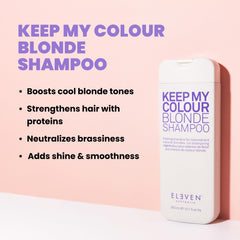 ELEVEN AUSTRALIA Keep My Colour Blonde – étiquette bleue sur le flacon pour cheveux blonds.