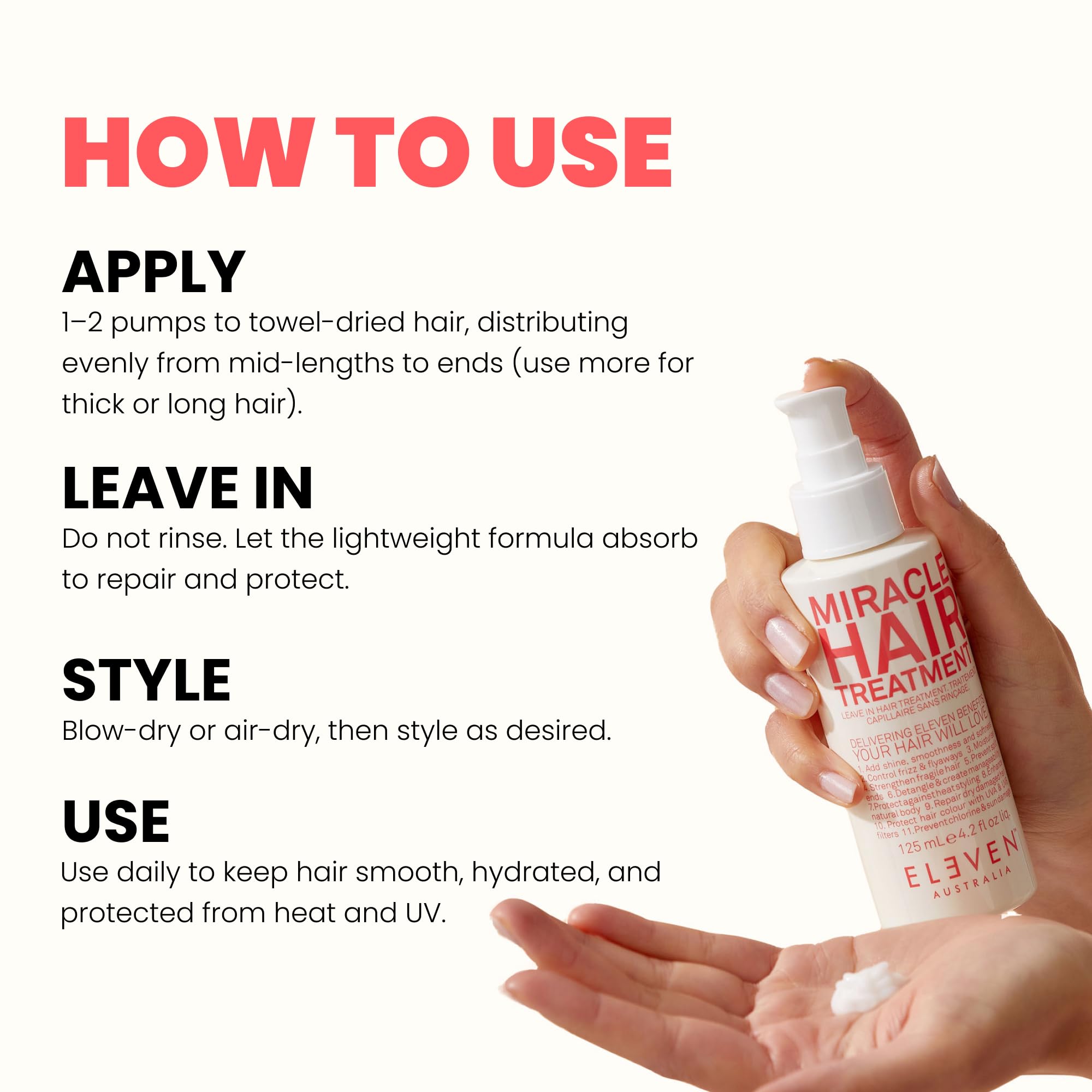 ELEVEN AUSTRALIA Miracle Leave In – bouchon pratique facilitant l’application sur cheveux secs.