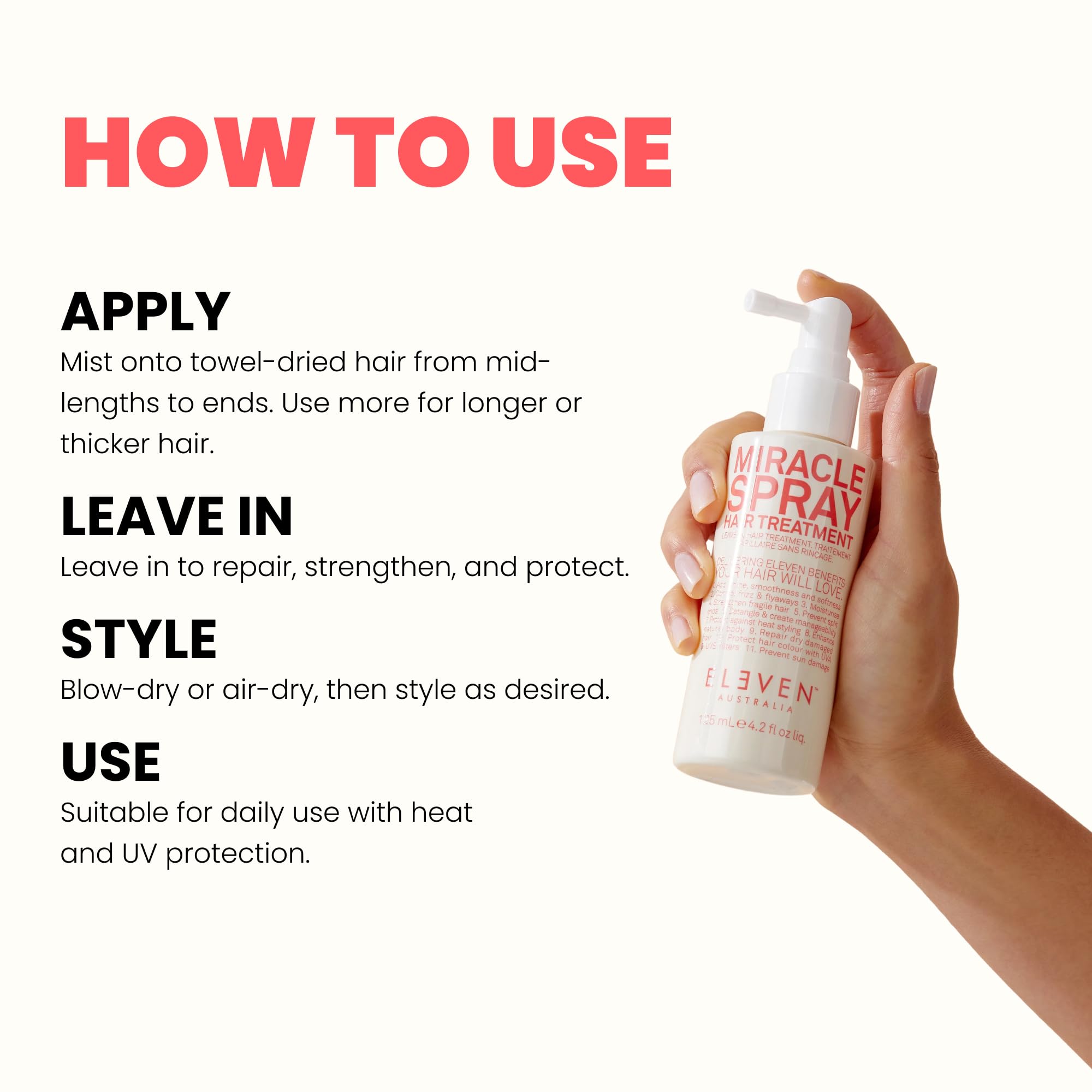 Brillo suave y saludable con Miracle Spray para aspecto sedoso.