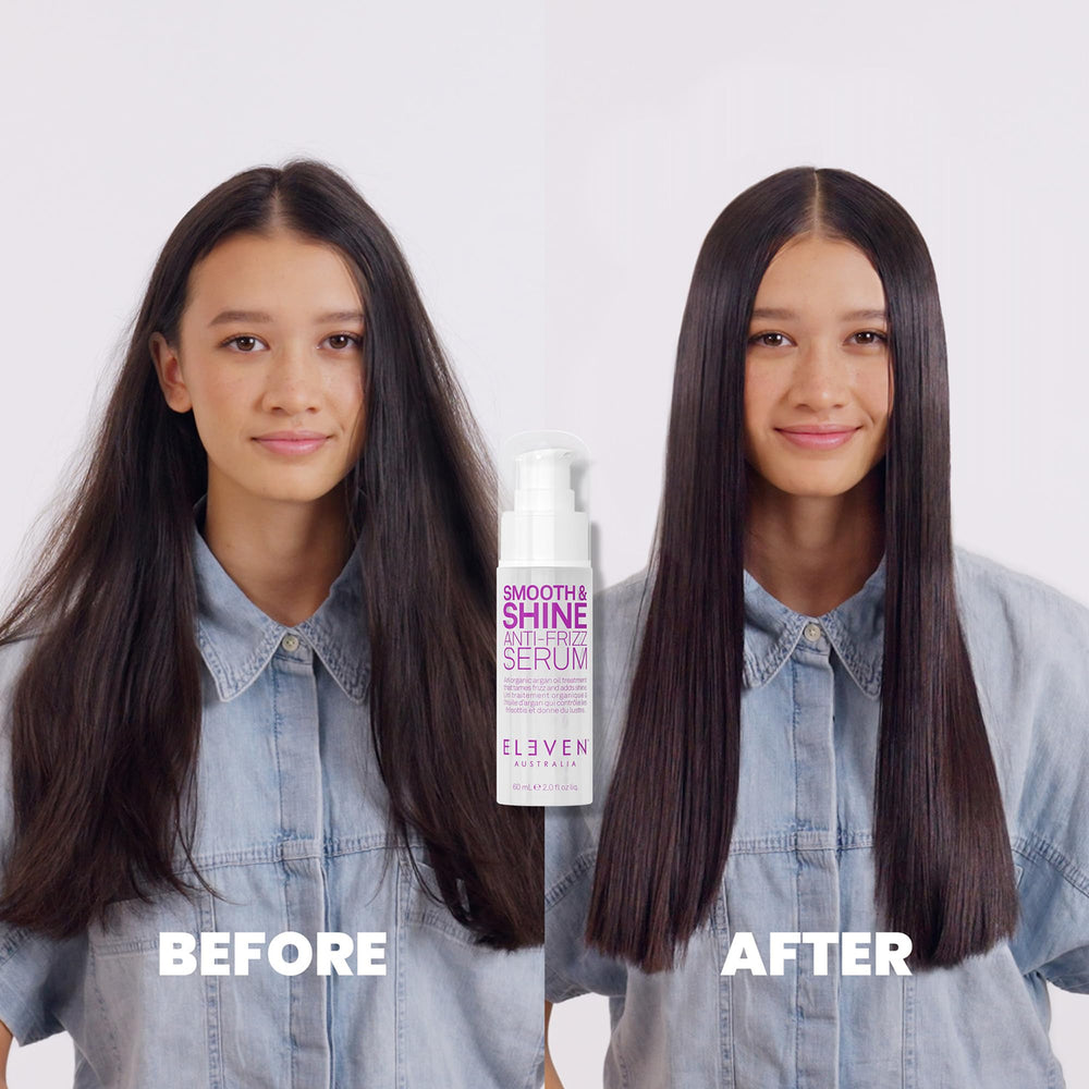 Cheveux lisses et brillants après l'utilisation du sérum ELEVEN AUSTRALIA.