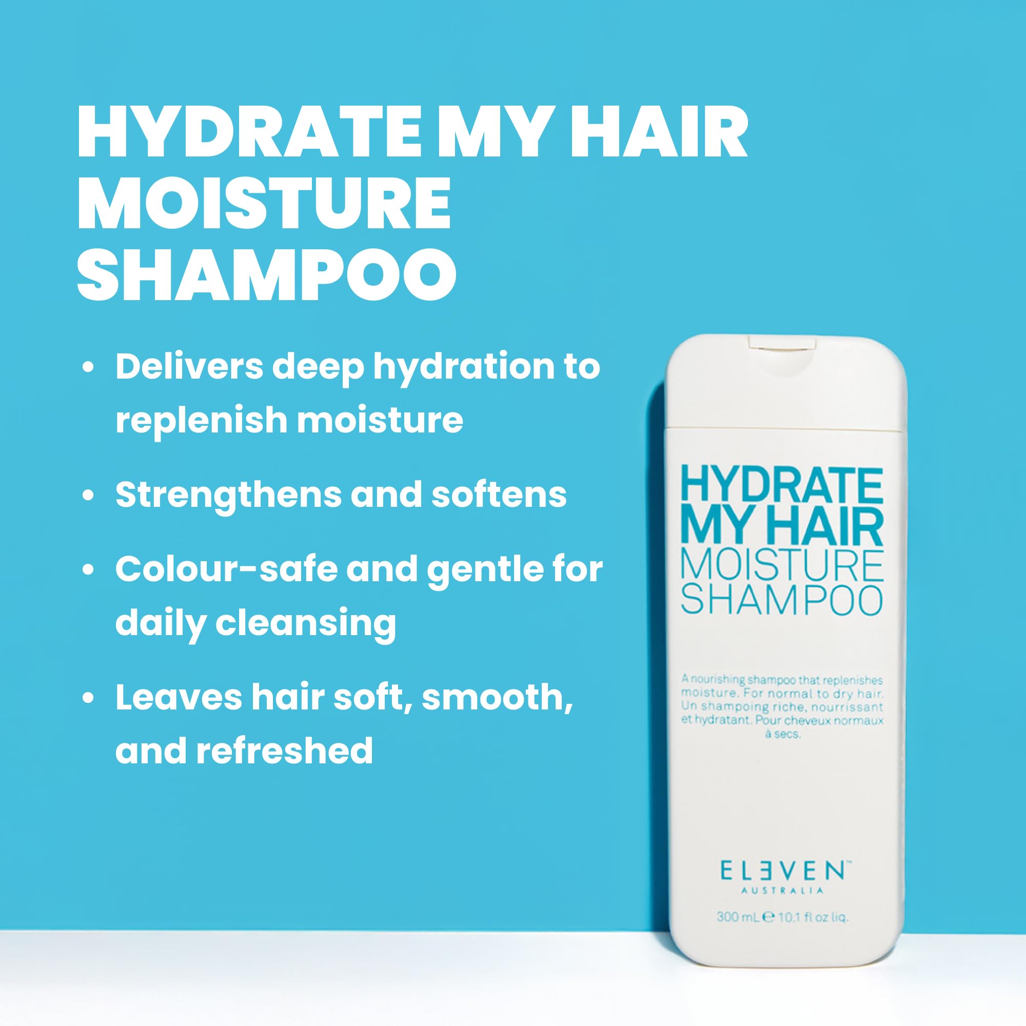 ELEVEN AUSTRALIA Shampoing Hydratant – etiquette nette et soin adapté aux cheveux abîmés.