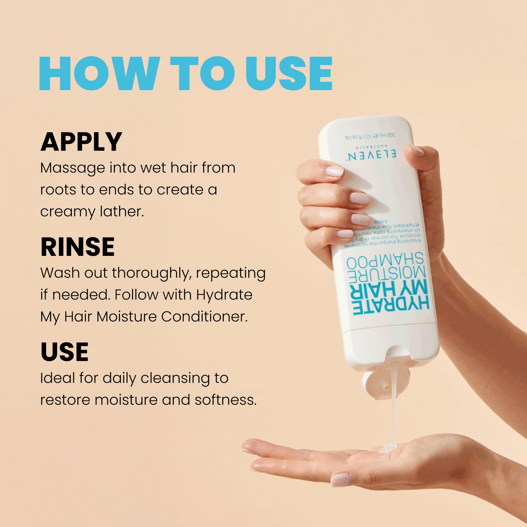 ELEVEN AUSTRALIA Shampoing Hydratant – pompe pratique et application rapide.