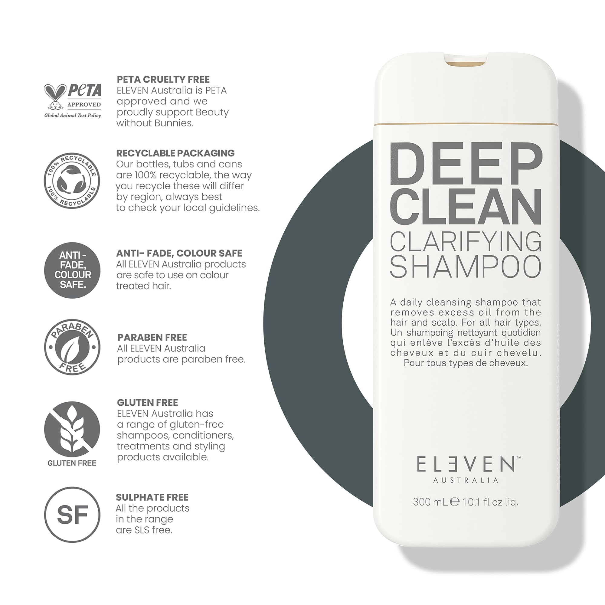 ELEVEN AUSTRALIA shampooing clarifiant — emballage écologique et sans sulfate.