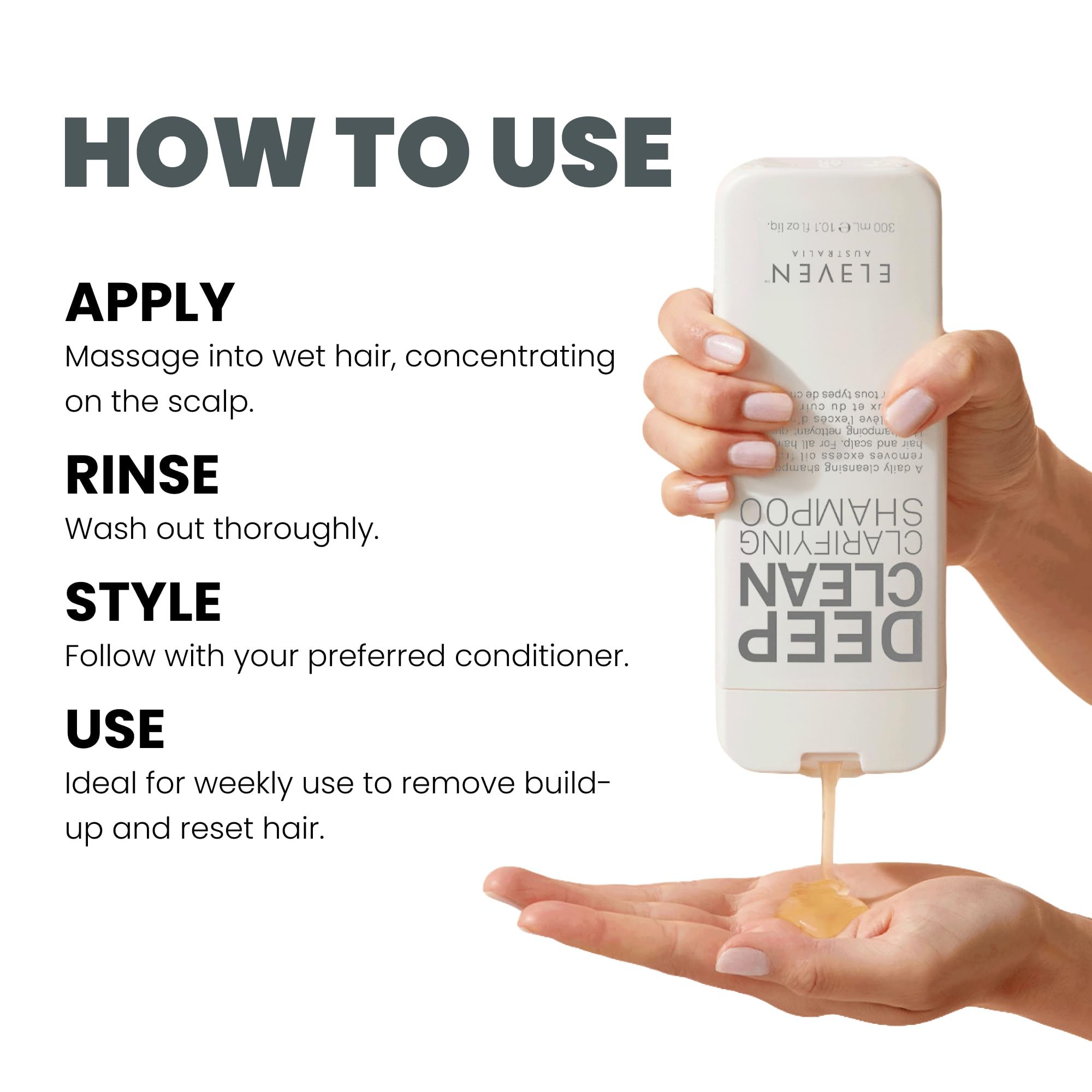 ELEVEN AUSTRALIA shampooing clarifiant — massage cuir chevelu pour purifier et stimuler.