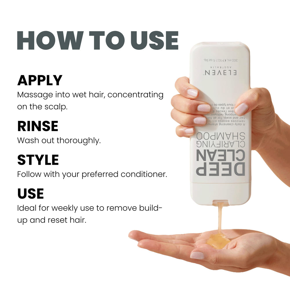 ELEVEN AUSTRALIA shampooing clarifiant — massage cuir chevelu pour purifier et stimuler.