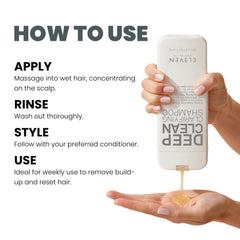ELEVEN AUSTRALIA shampooing clarifiant — massage cuir chevelu pour purifier et stimuler.