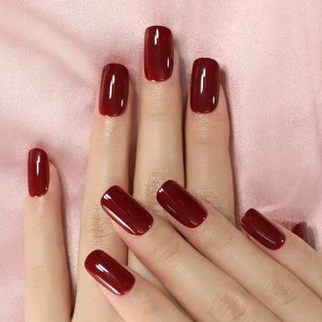Elevenail uñas postizas brillo vino rojo medio cuadrado, look elegante para evento.