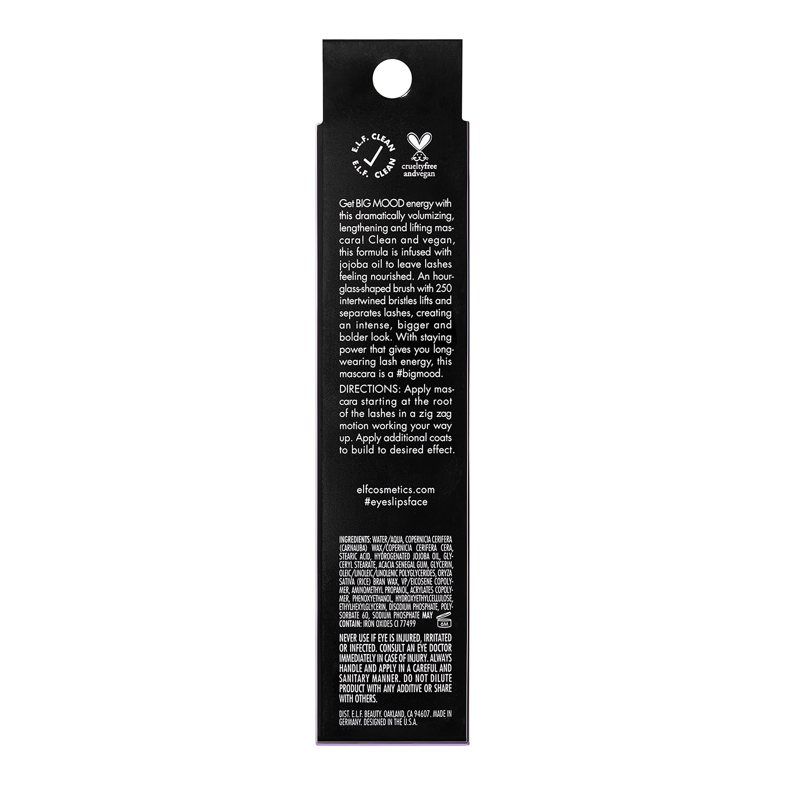 e.l.f. Big Mood Mascara envase con cera de jojoba cuida pestañas