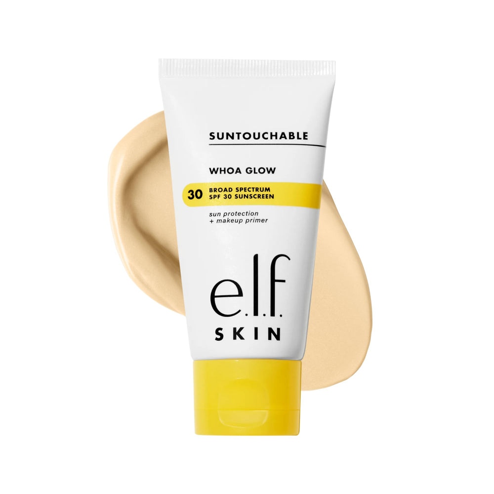 e.l.f. SKIN Suntouchable Whoa Glow SPF 30 botella, protector ligero y brillo natural.