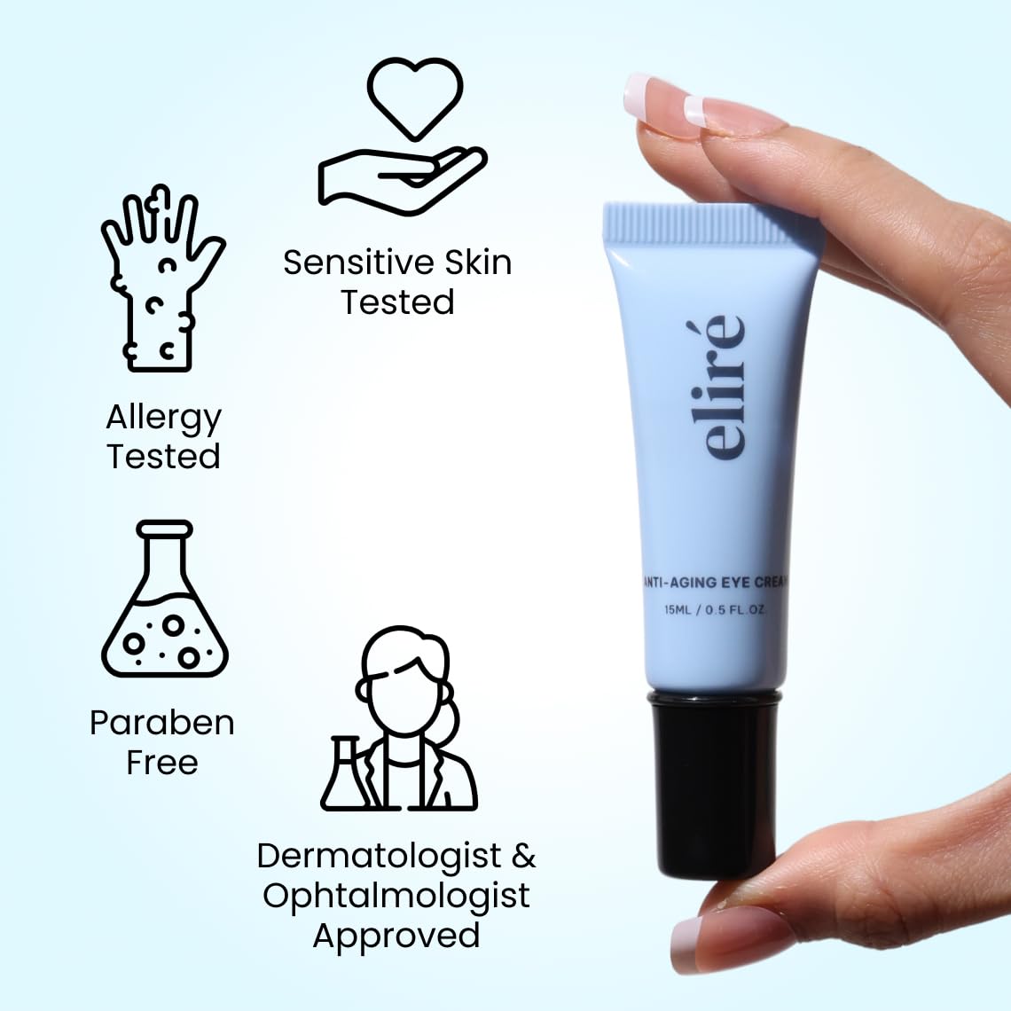 Eliré Crema Ojos aplicación sin residuos: ideal para uso diario bajo maquillaje.