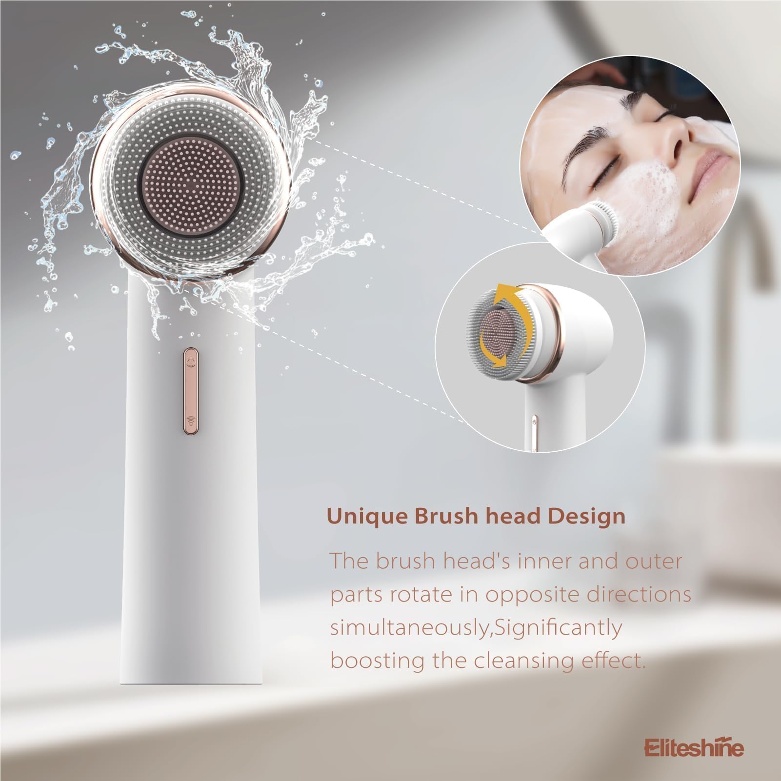 Eliteshine brosse-visage deux-têtes montrant les têtes silicone et poils pour sensibilité.
