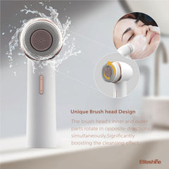 Eliteshine brosse-visage deux-têtes montrant les têtes silicone et poils pour sensibilité.