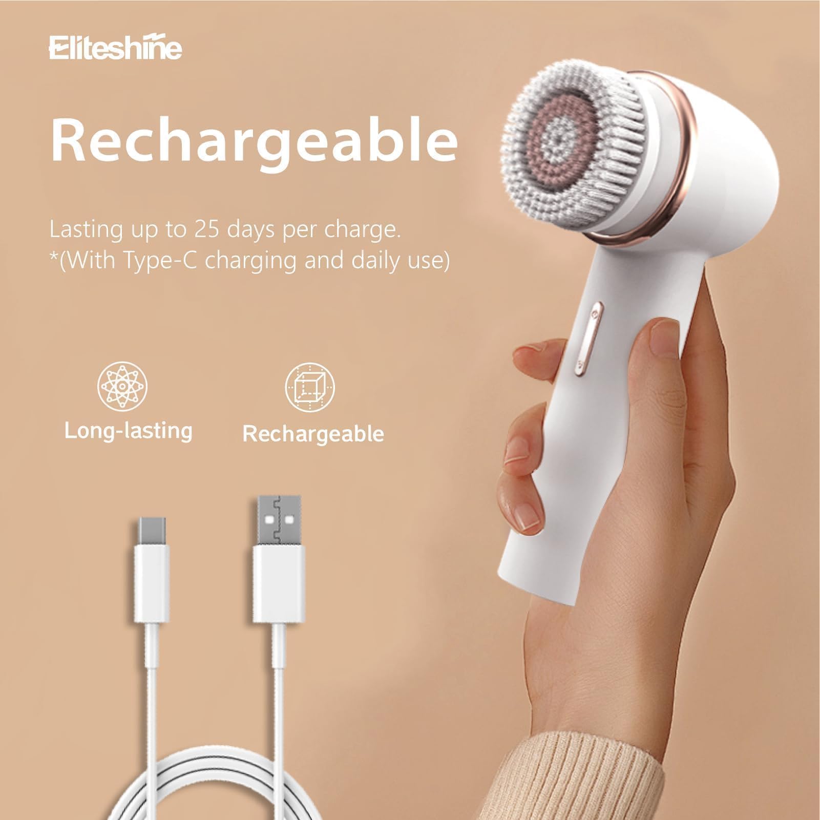 Eliteshine brosse visage étanche pour utilisation sous la douche.
