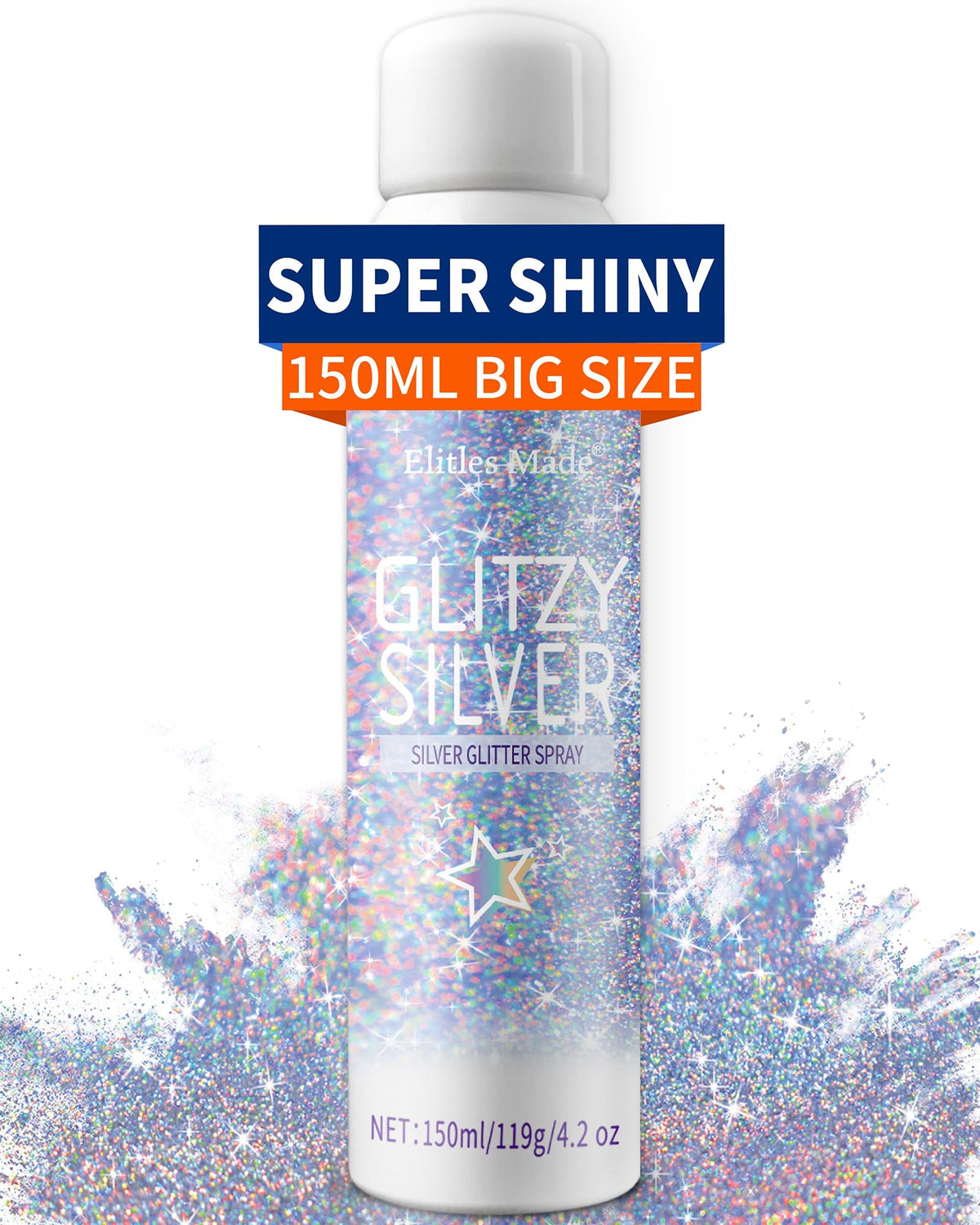 Elitles Made glitter spray bottle front shows holographic silver shimmer for hair and body.