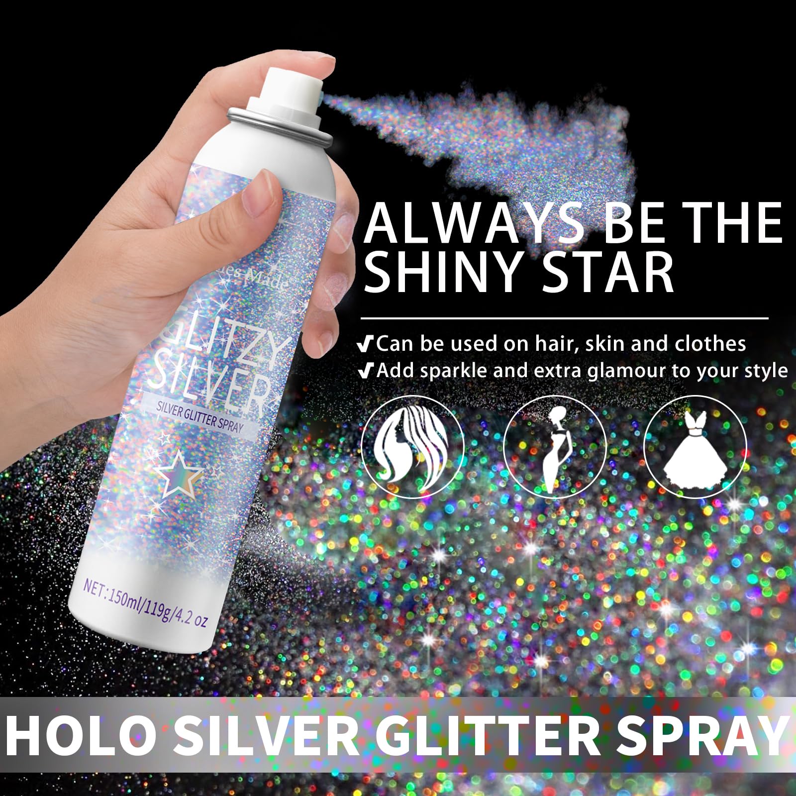 Elitles Made glitter spray demonstrates hair application with quick-dry sparkle.