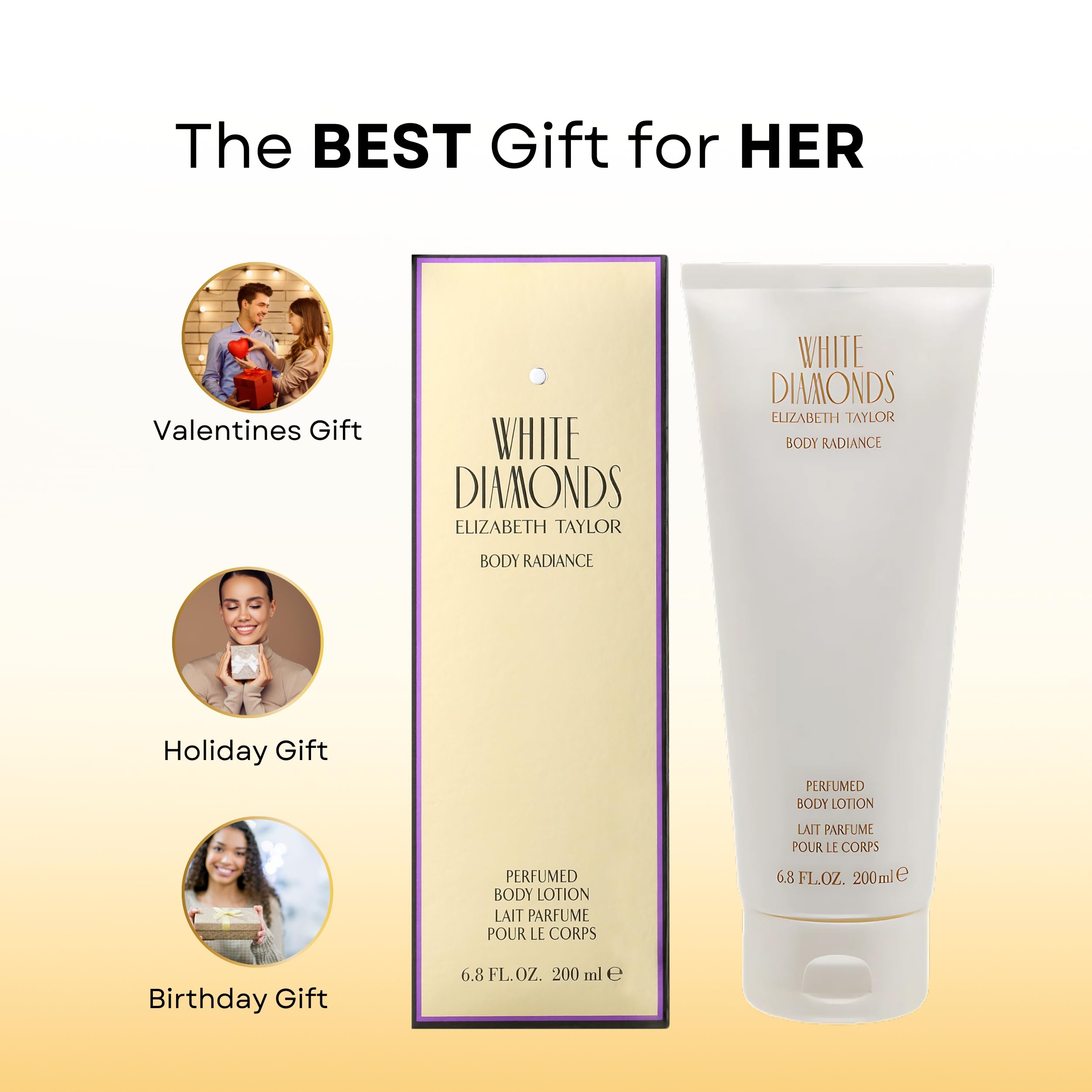 Elizabeth Taylor White Diamonds crema corporal-perfumada, etiqueta y caja atractivas para regalo.