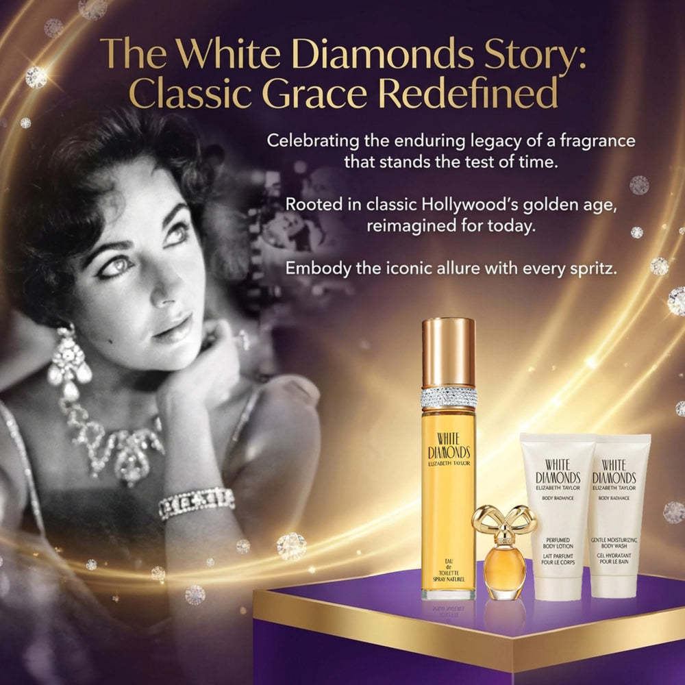 Elizabeth Taylor White Diamonds collection display showcases the four-piece set.