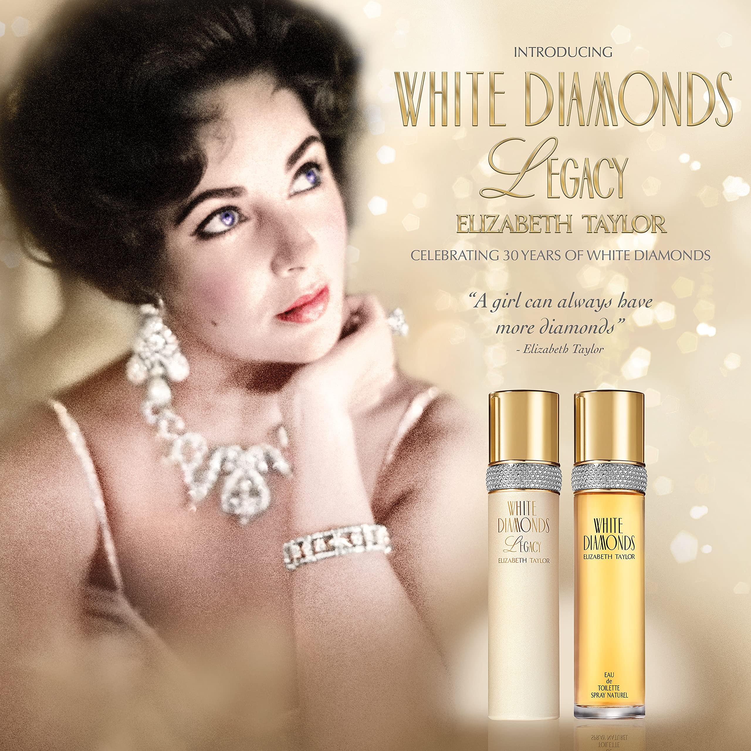 Elizabeth Taylor White Diamonds Legacy, cap dorado que añade lujo visual.