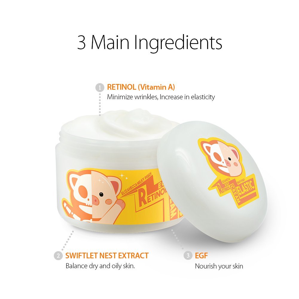 Elizavecca Milky Piggy Retinol Cream, textura cremosa para uso nocturno suave.