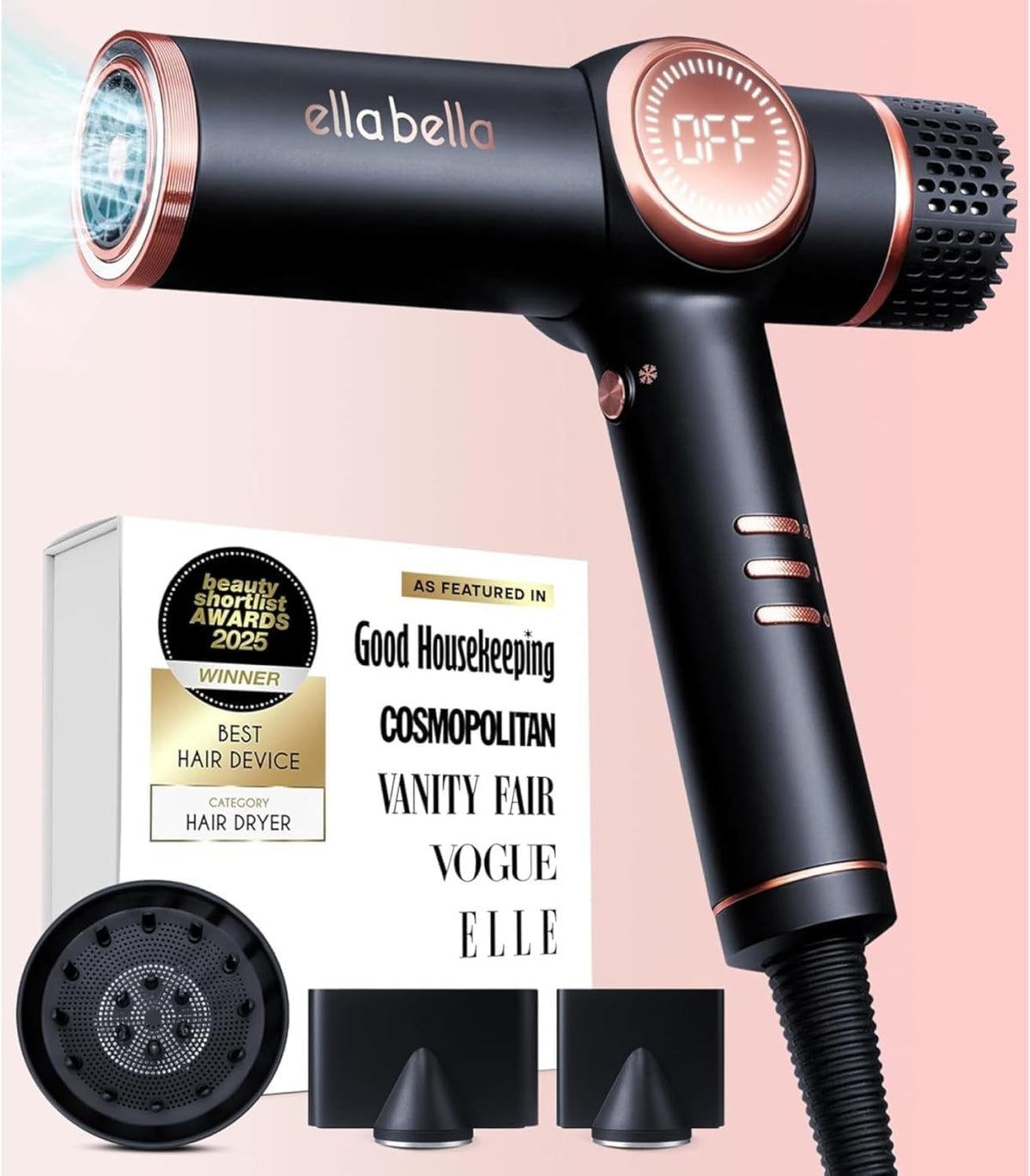 ELLA BELLA secador ionico profesional con difusor para secado suave y brillo