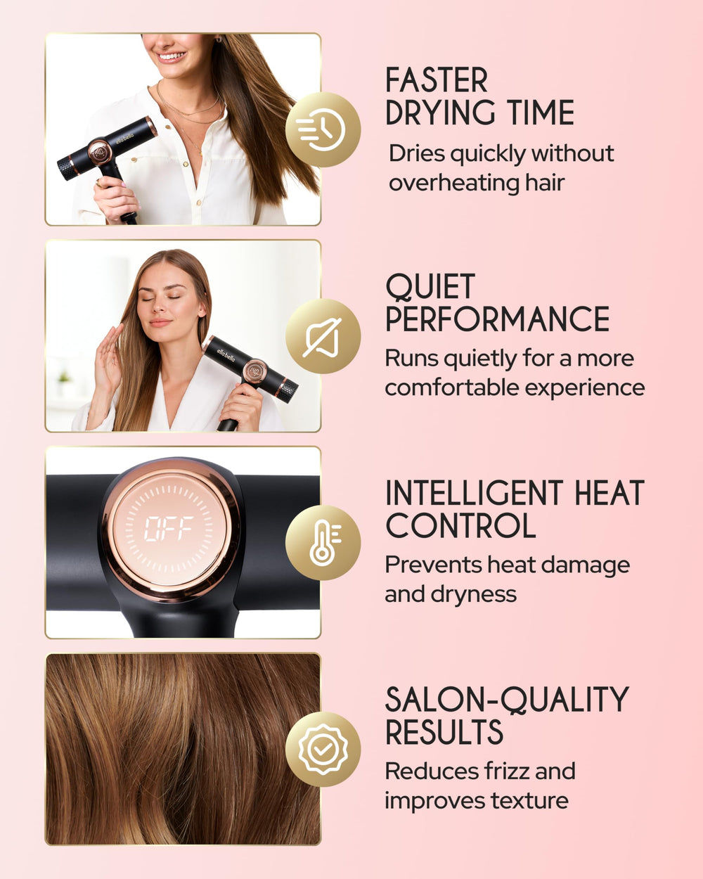 ELLA BELLA secador ionico con control inteligente de calor para todo tipo de cabello